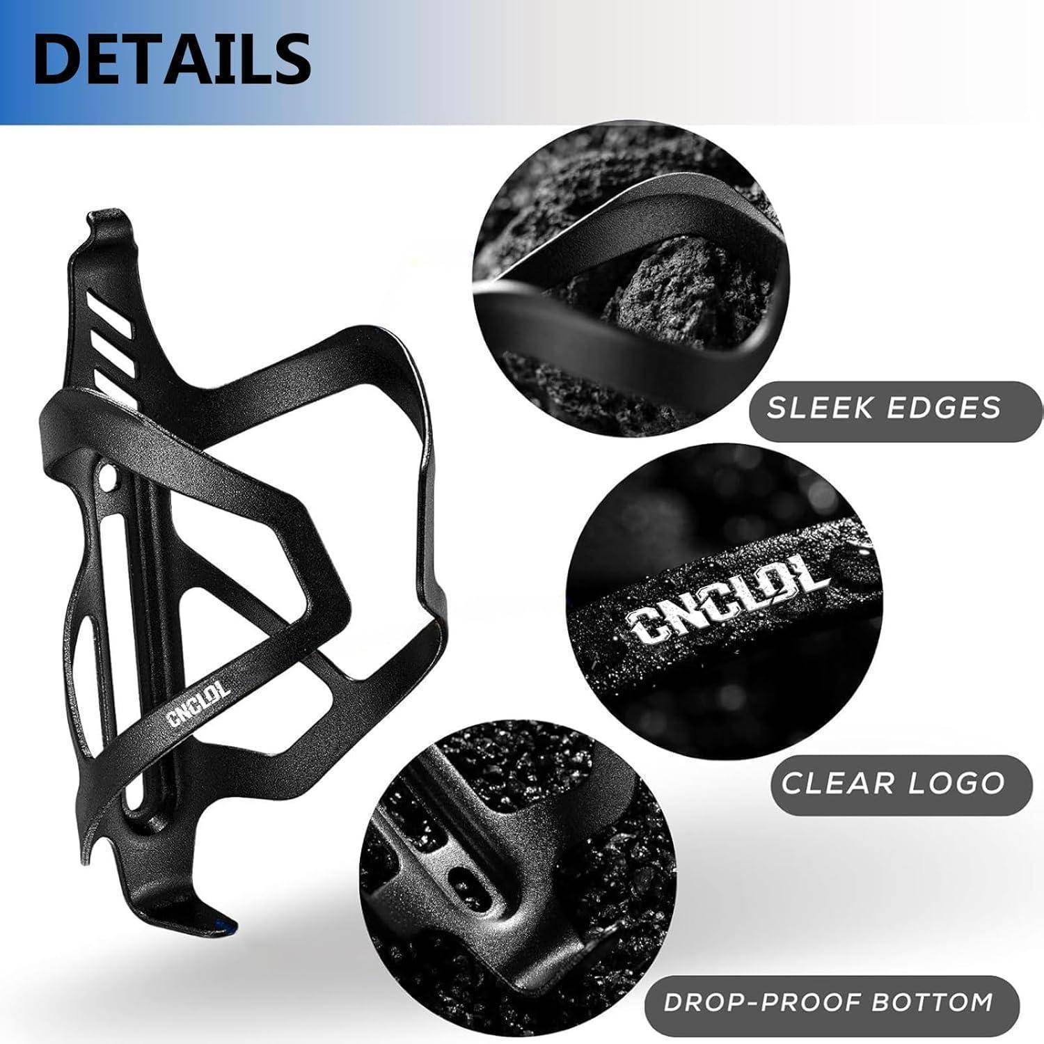 Produktdetailbild eines schwarzen Fahrrad-Trinkflaschenhalters mit Nahaufnahmen, die elegante Kanten, klares Logo und tropfensicheren Boden hervorheben.