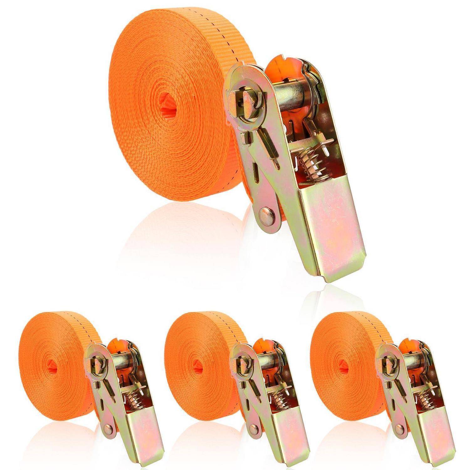 Orange-Spannriemen-Rolle mit Metallschnalle, oben groß dargestellt und unten in drei kleineren Bildern wiederholt auf weißem Hintergrund.