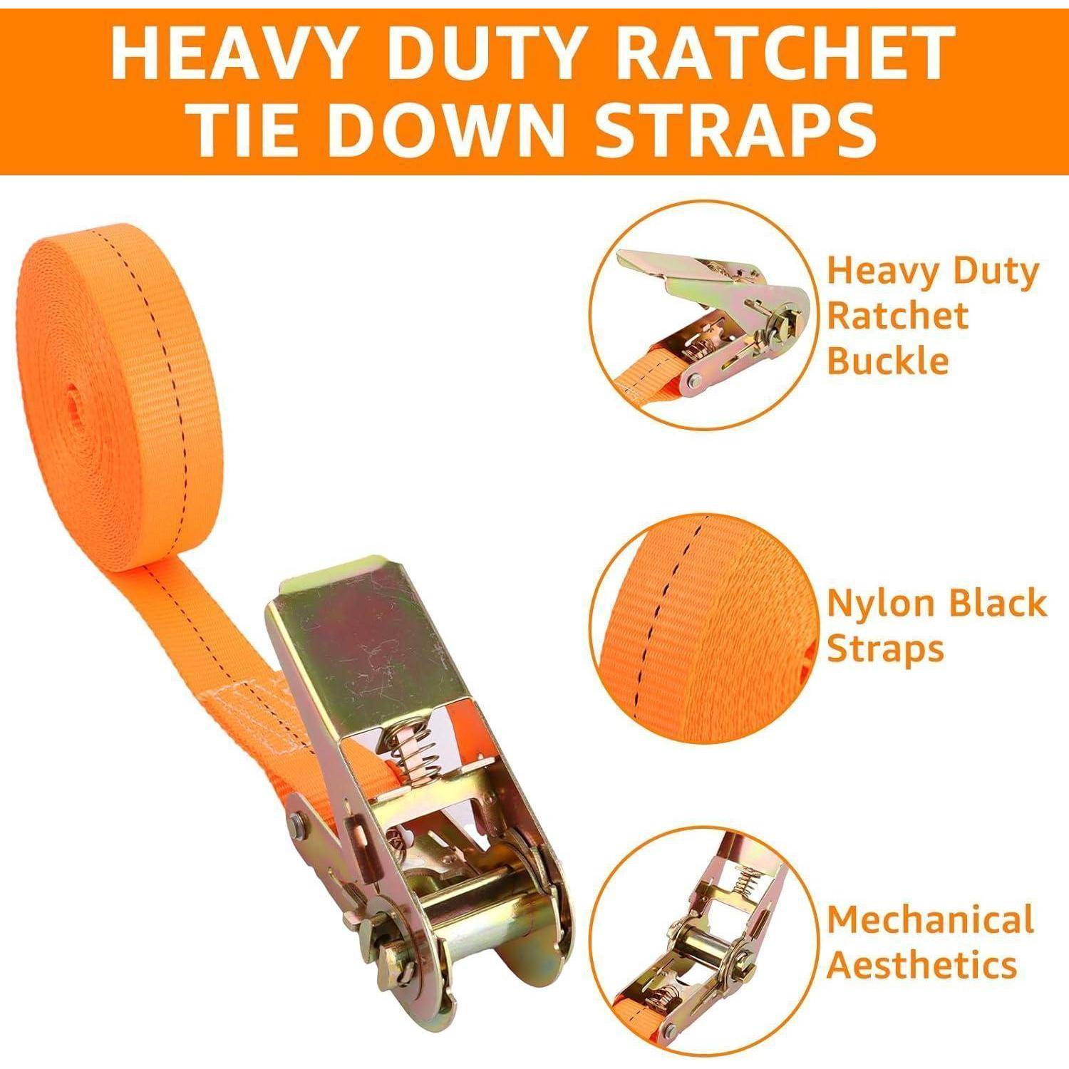 Strapazierfähige Ratschensecuring-Riemen mit orangefarbenem Nylon-Gewebe und metallener Ratschenschnalle, gezeigt mit Nahaufnahmen, die die Schnalle und das Riemenmaterial hervorheben.