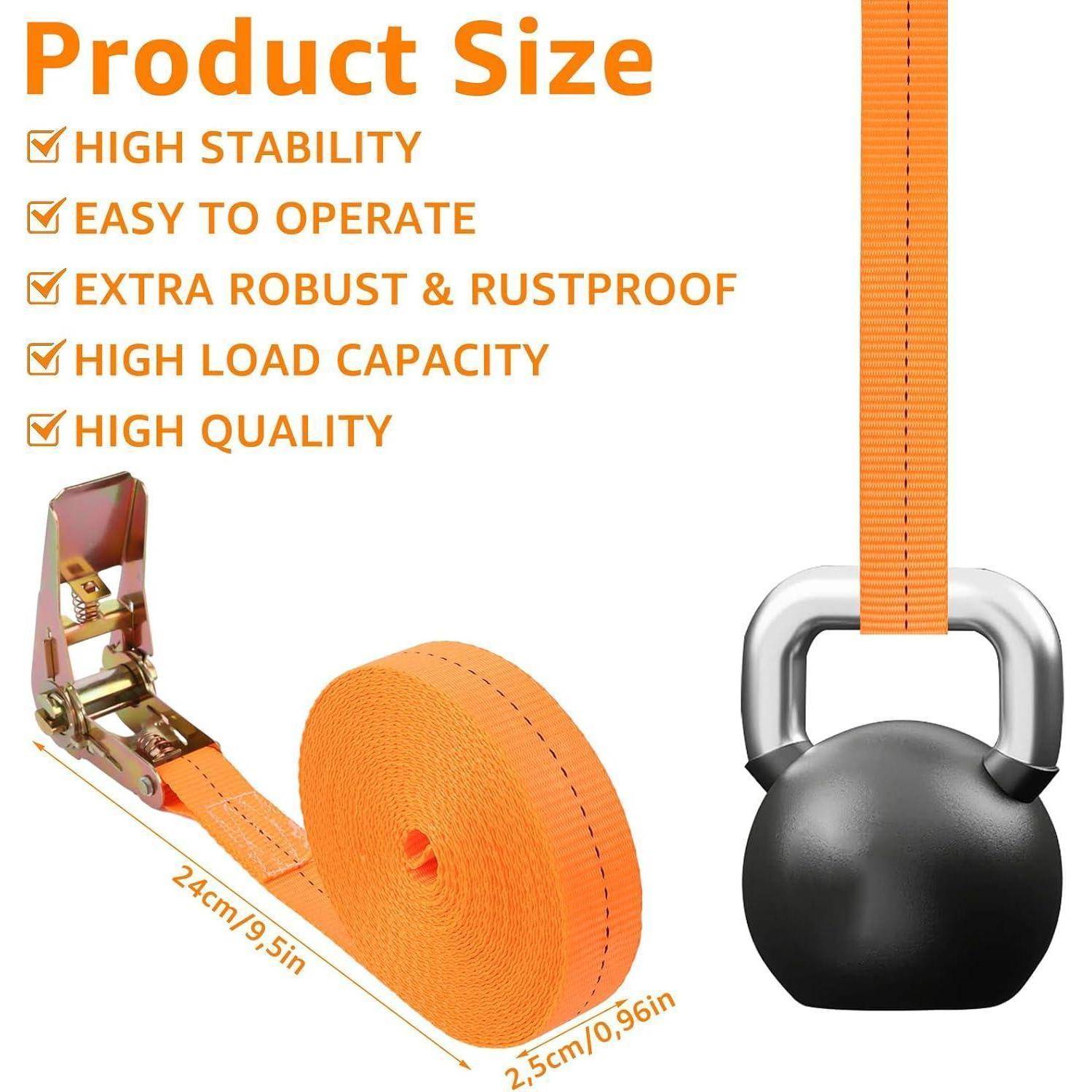 Produktgrößendiagramm für einen orangefarbenen Hebegurt mit Ratsche und Kettlebell, mit den Eigenschaften hohe Stabilität, einfache Bedienung, rostfrei, hohe Tragfähigkeit und hohe Qualität.