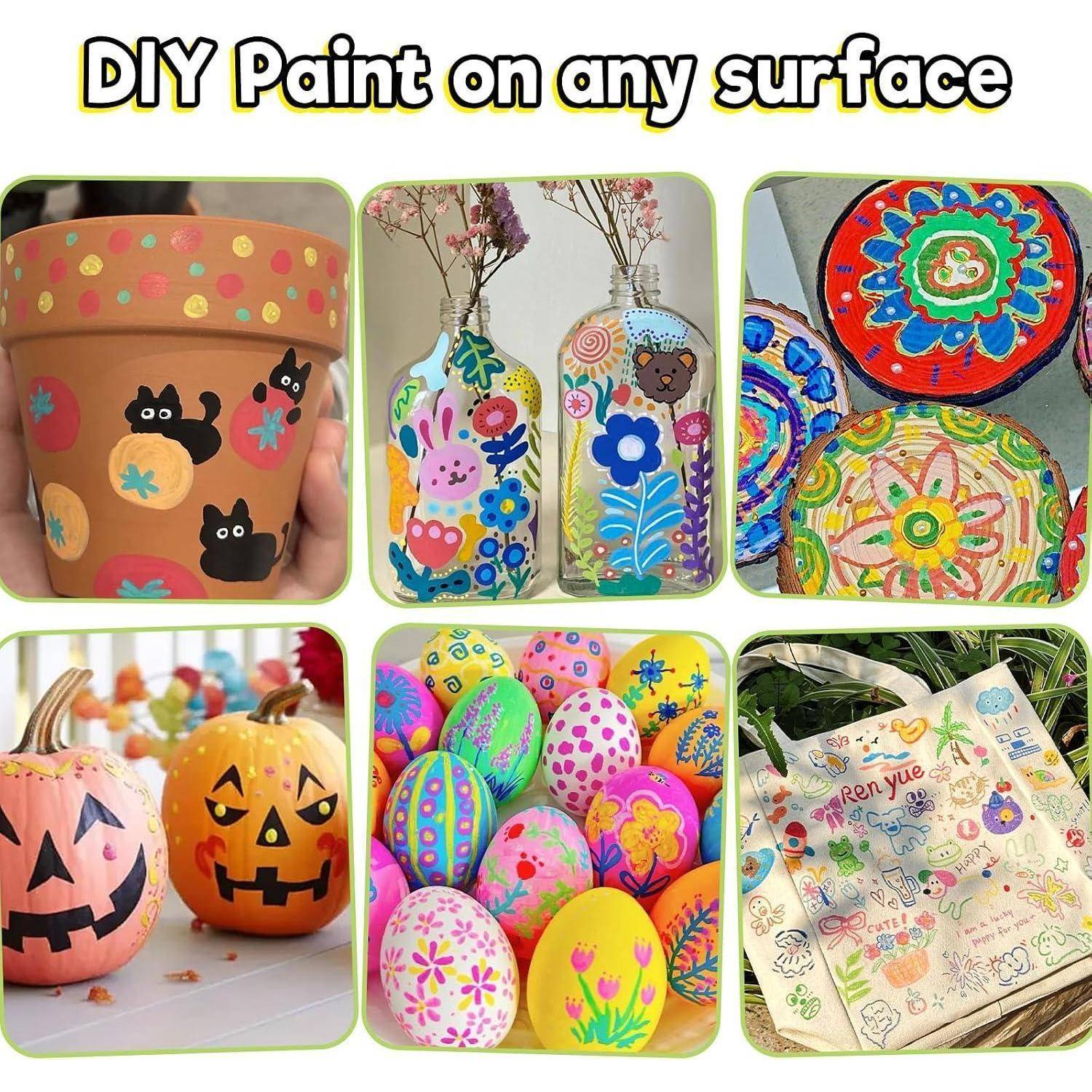 Collage mit dem Titel „DIY-Farbe auf jeder Oberfläche" mit bemalten Tassen, Flaschen, Deckeln, Kürbis-Gläsern, Ostereiern und einer Tragetasche, die mit bunten Mustern und Designs bemalt sind.