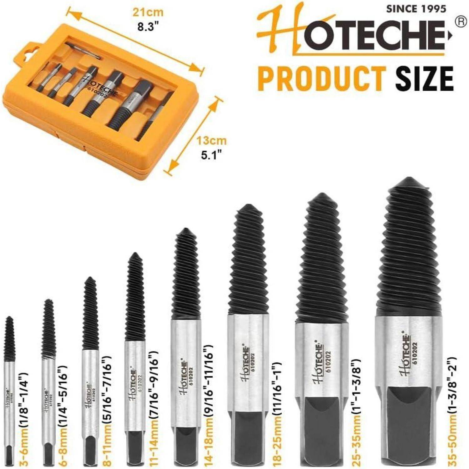 Hoteche 8-teiliges Schraubenausdreher-Set - für Schraubengrößen von 3/6 bis 35/50 mm - Hochwertiger Linkshänder-Ausdreher im Kunststoffkoffer mit