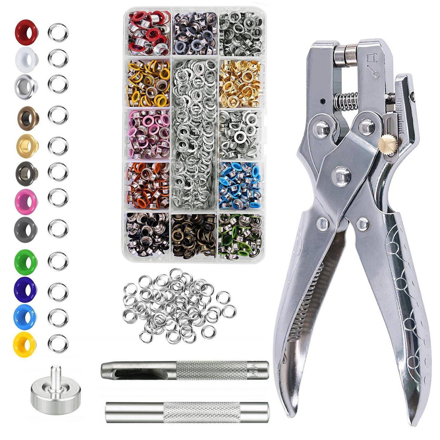 Metall-Ösen- und Kunstst­offring-Set mit verschiedenfarbigen Ringen, Aufbewahrungskoffer, Setzwerkzeugen und Lochzange zum Installieren von Ösen in Stoff oder Leder.