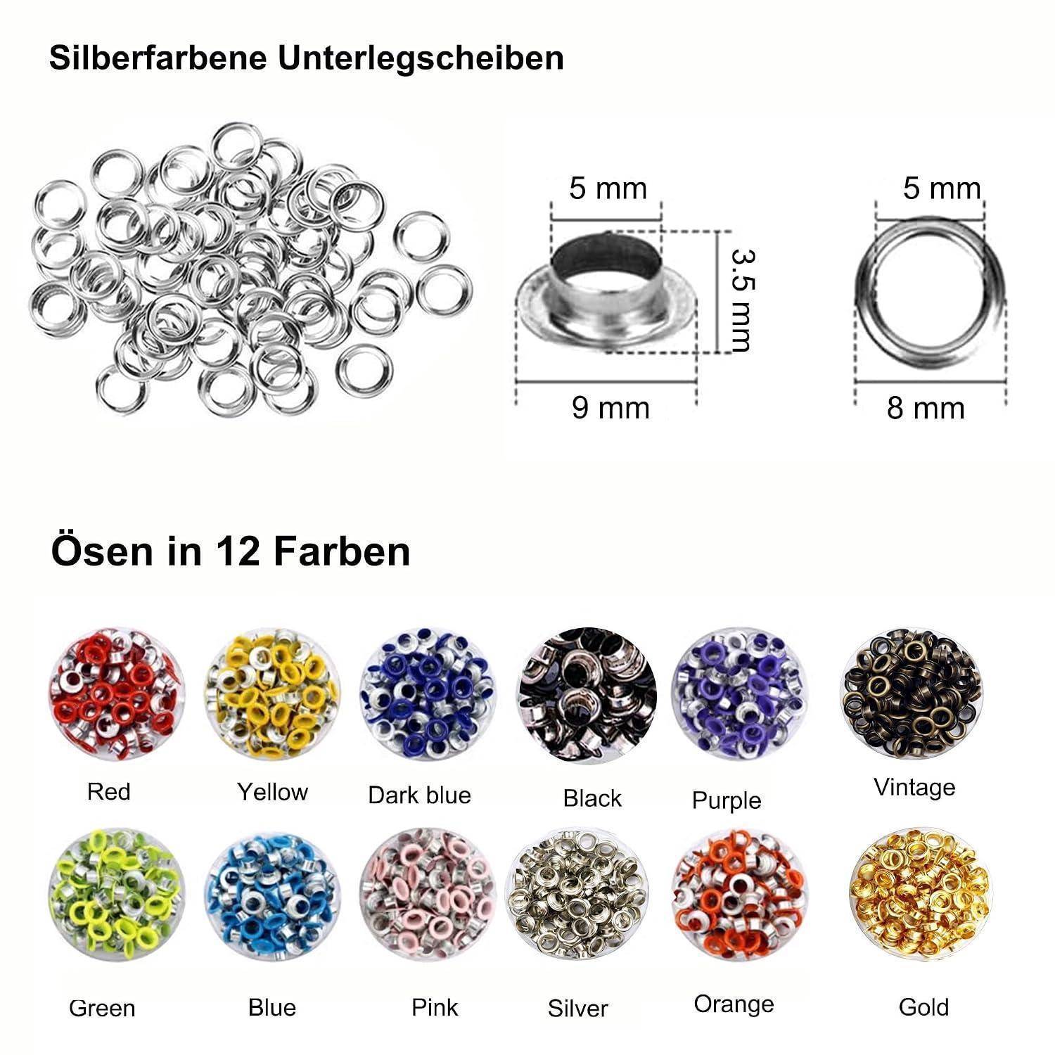 Produktbild von silbernen Ösen und Nieten: ein Haufen silberner Unterlegscheiben mit Größenangaben, sowie Ösen in 12 Farben mit den Bezeichnungen rot, gelb, dunkelblau, schwarz, lila, vintage, grün, blau, rosa, silber, orange und gold.