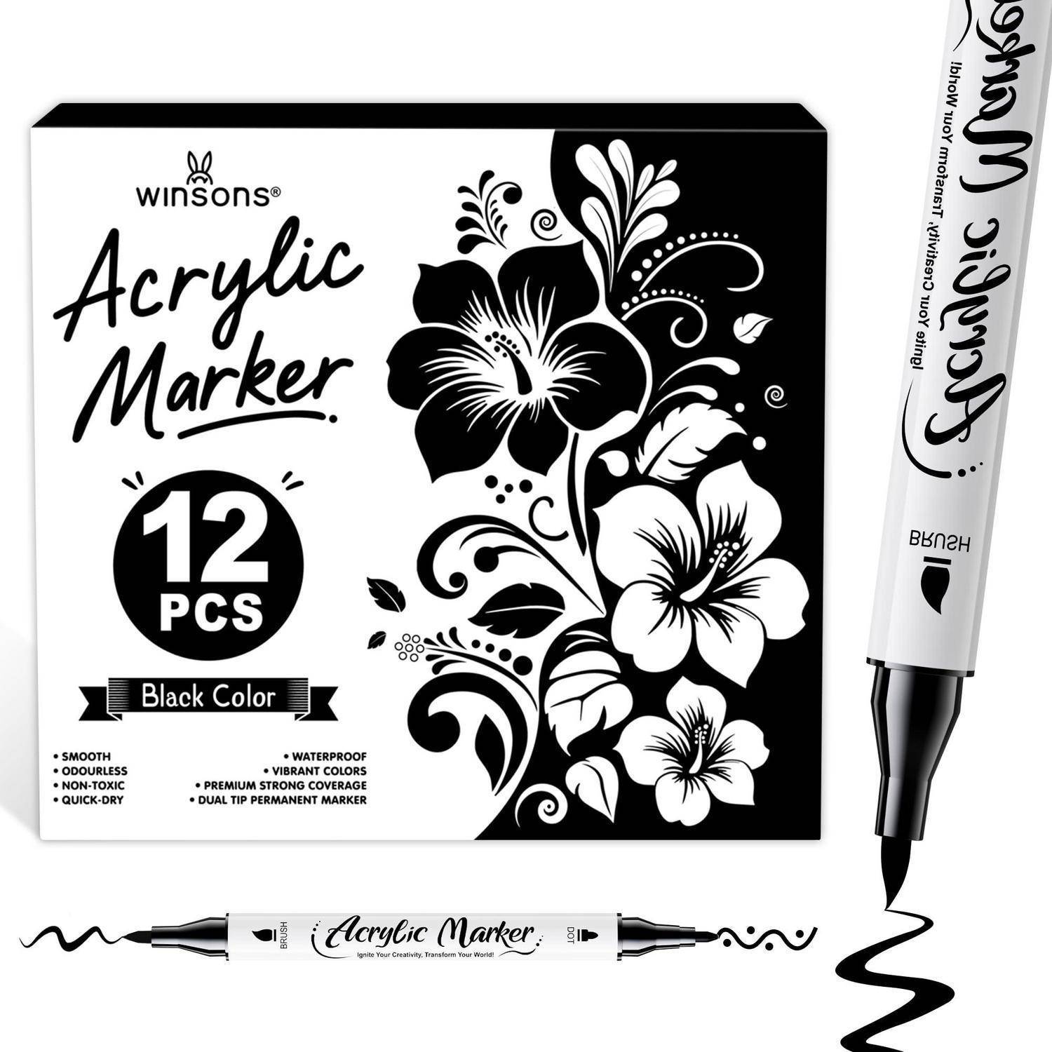 Produktbild eines Winsorons Acrylmarkerset mit 12 schwarzen Markern, das Schachteldesign mit Blumenmotiven und einen Markerstift zeigt.