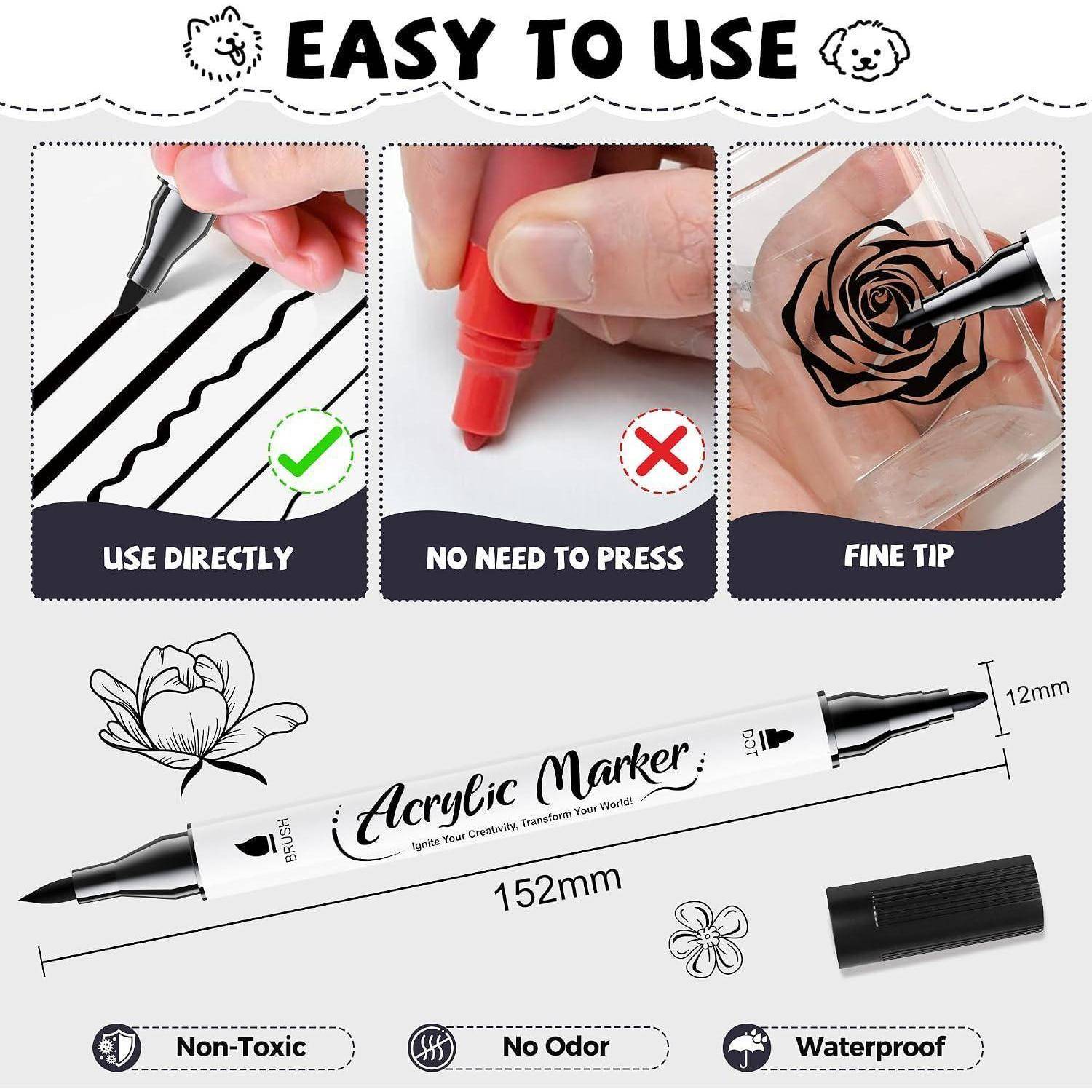 Promotionsgrafik für einen Acrylmarker mit der Aufschrift „EINFACH ZU VERWENDEN" mit drei Beispielen: direkt verwenden, kein Drücken erforderlich und feiner Spitzenwert. Der Marker ist 152 mm lang, 12 mm Spitze, ungiftig, geruchlos, wasserfest.