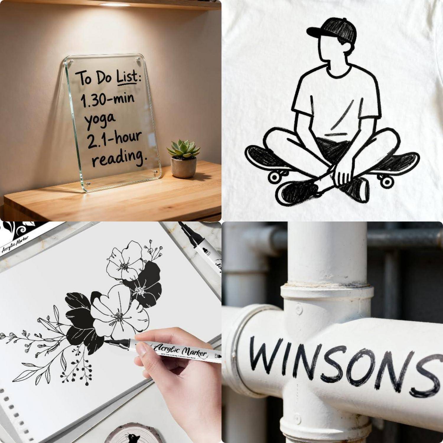 Collage aus handgezeichneter Kunst und Beschriftung: ein „To Do List"-Schild, eine Skateboarder-Skizze, eine Blumenzeichnung mit Marker und das Wort „WINSONS"" auf einem Rohr.