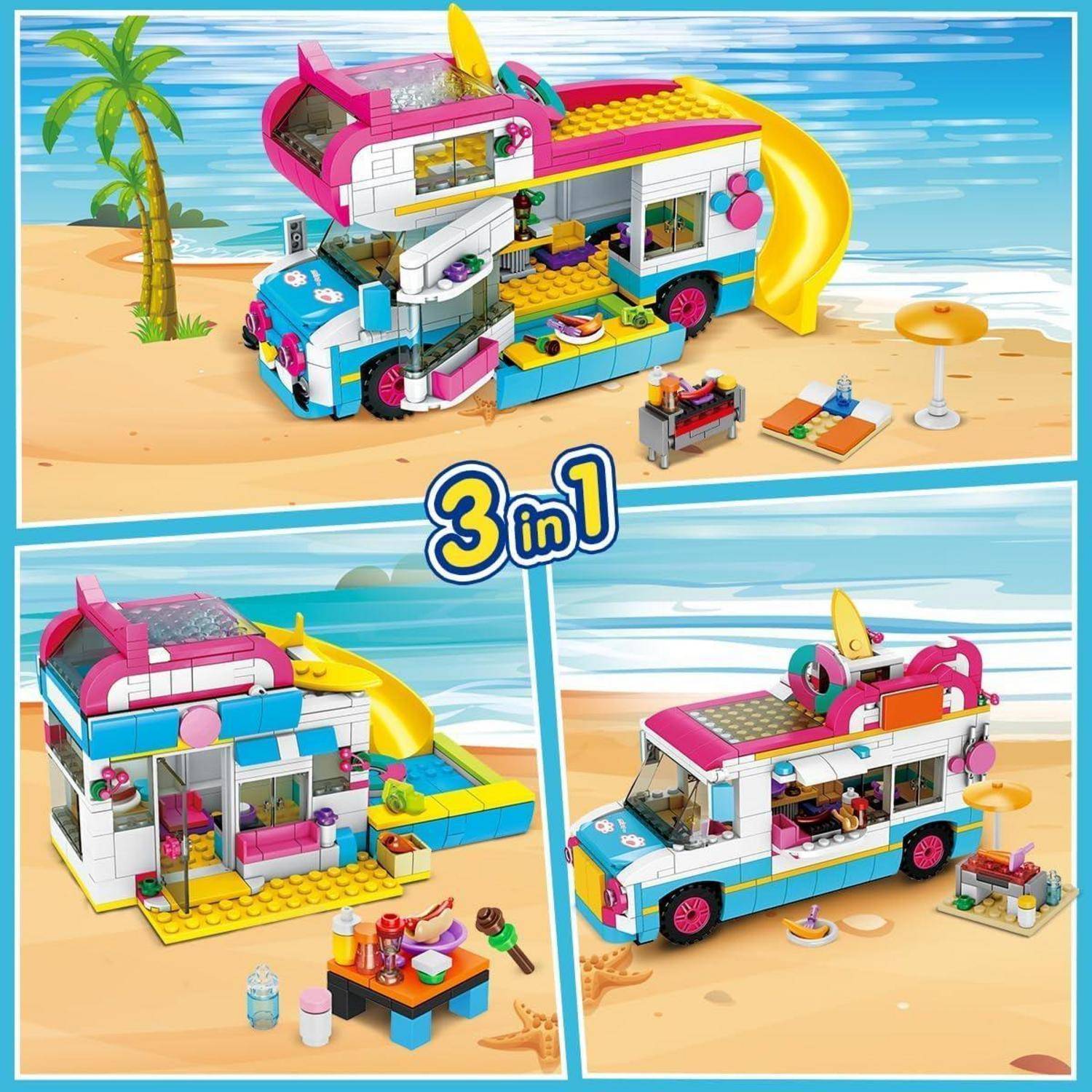 3-in-1-Strandspielset, das als bunter Autobus und Strandhaus umgebaut werden kann, mit Palme, Rutsche, Terrassentisch und Strandaccessoires.