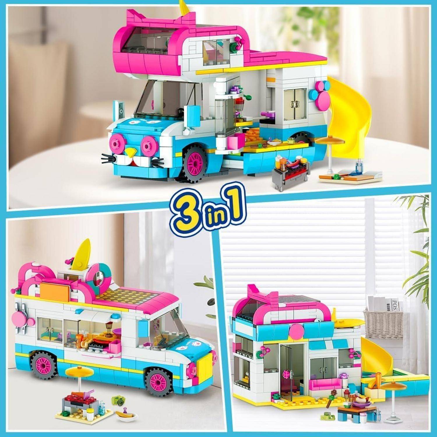 3-in-1 bunter LEGO-ähnlicher Wohnwagen-Spielzeugset, der in drei Konfigurationen gezeigt wird, einschließlich eines Vans, eines offenen Wohnwagens und einer Strandhaus-Einrichtung mit Minifiguren und Zubehör.