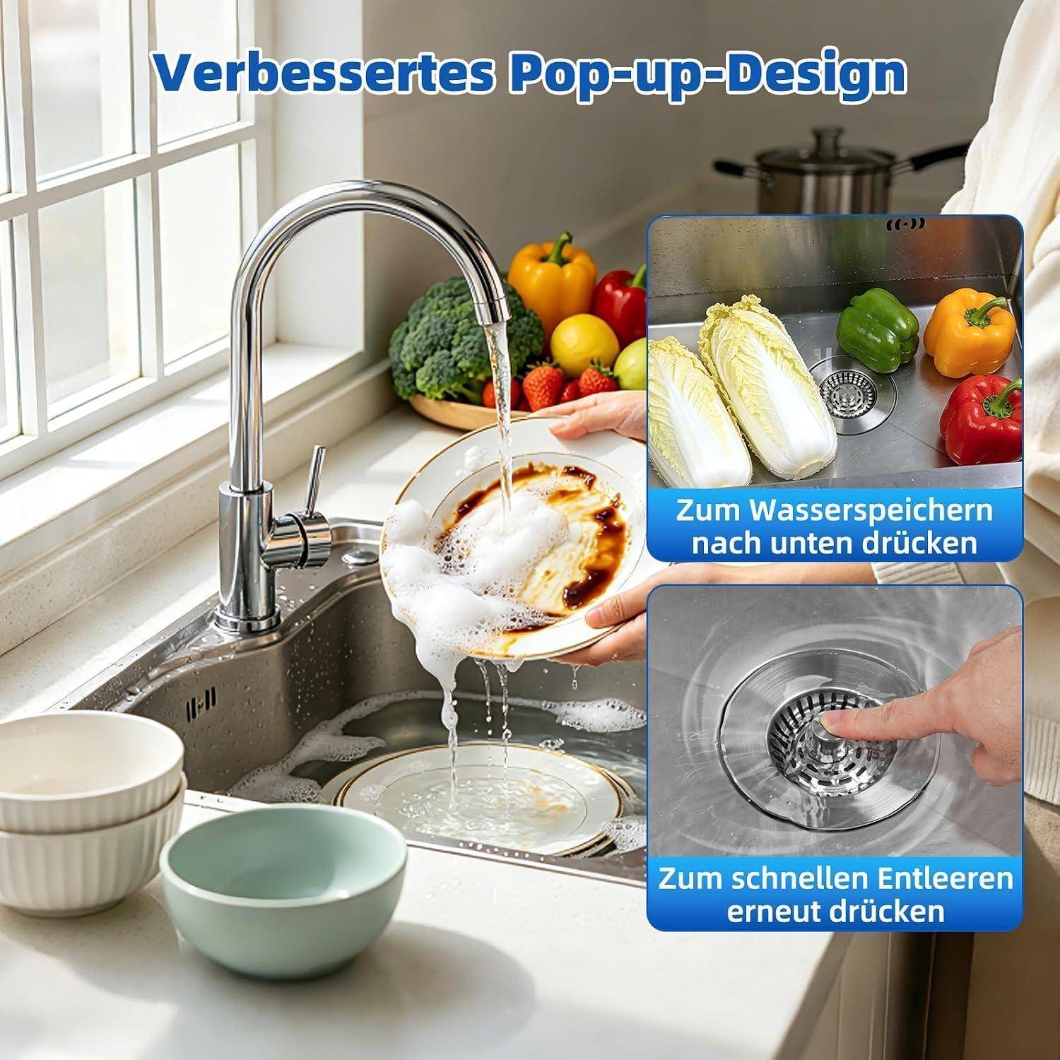 Werbebild einer Küchenspüle mit Pop-up-Ablauf; der Text besagt „Verbessertes Pop-up-Design