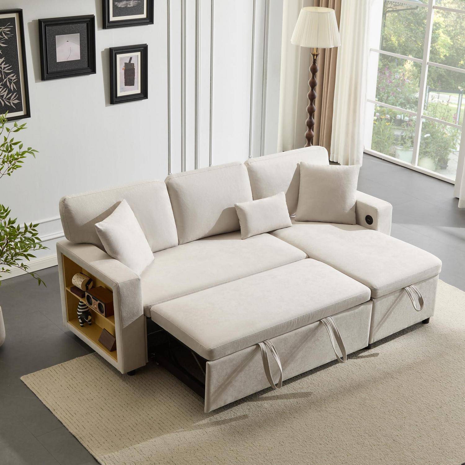 Sofa L Form Mit Schlaffunktion Und USB-Anschluss, Ecksofa Polstersofa Mit Stauraum Bettkasten, Flanell (Weiß)