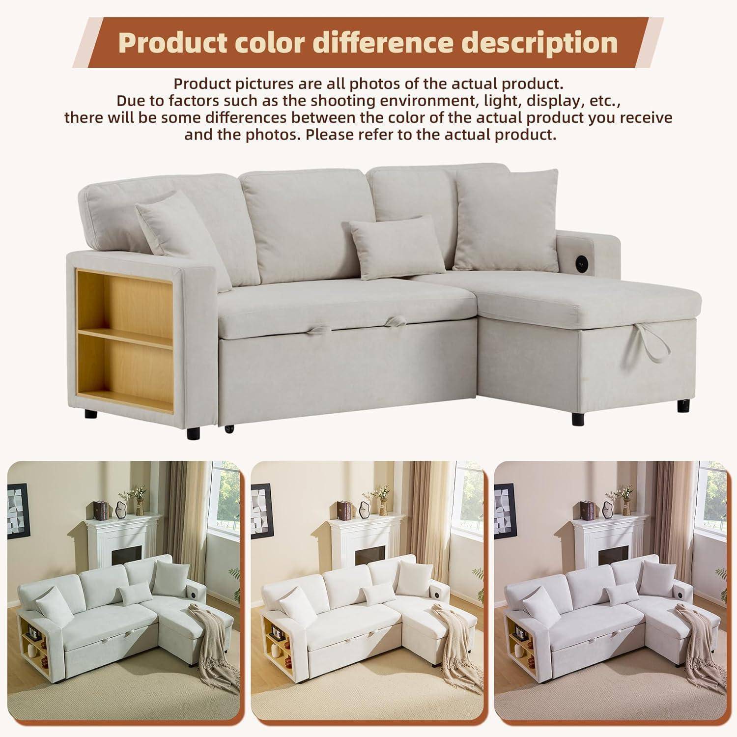 Sofa L Form Mit Schlaffunktion Und USB-Anschluss, Ecksofa Polstersofa Mit Stauraum Bettkasten, Flanell (Weiß)