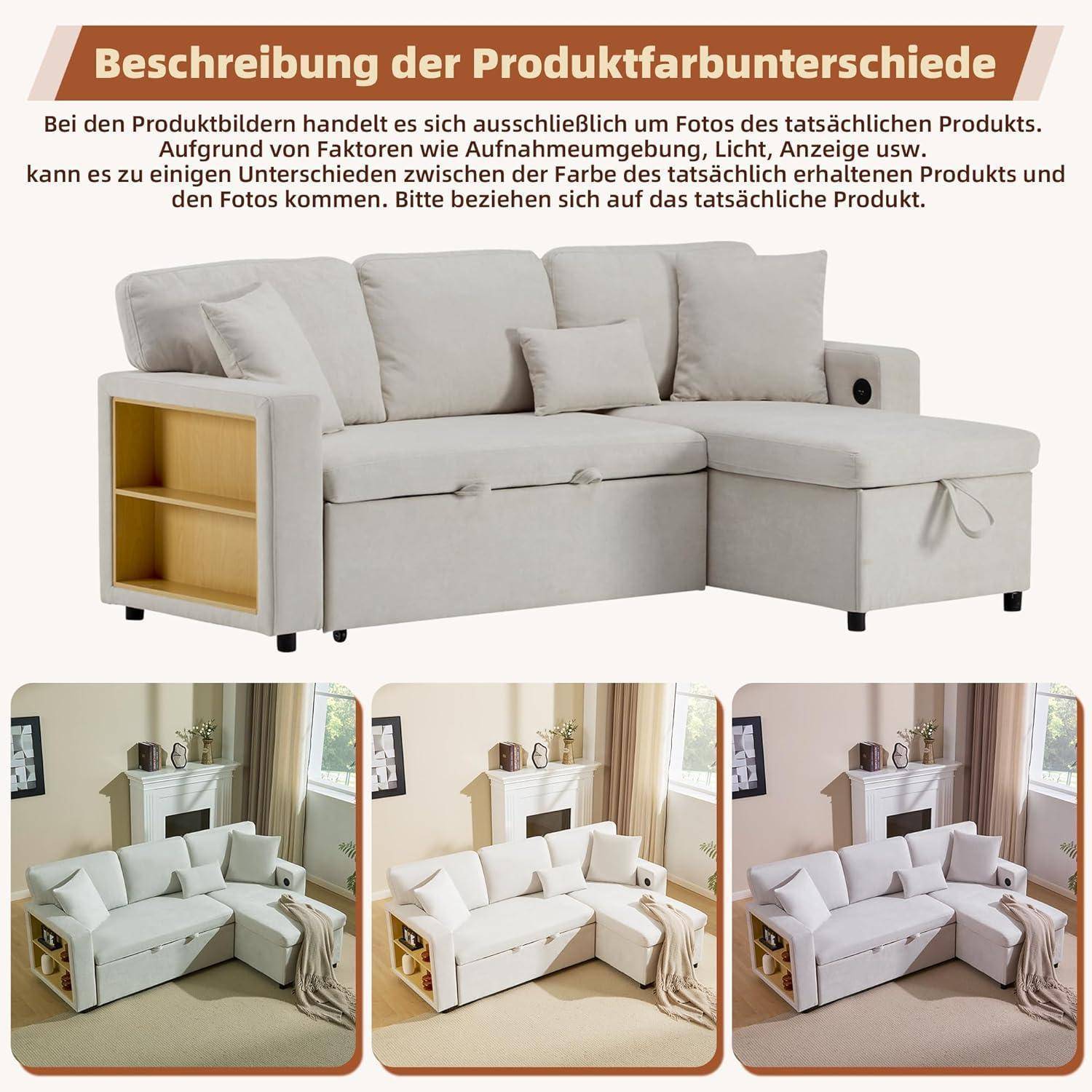 Sofa L Form Mit Schlaffunktion Und USB-Anschluss, Ecksofa Polstersofa Mit Stauraum Bettkasten, Flanell (Weiß)