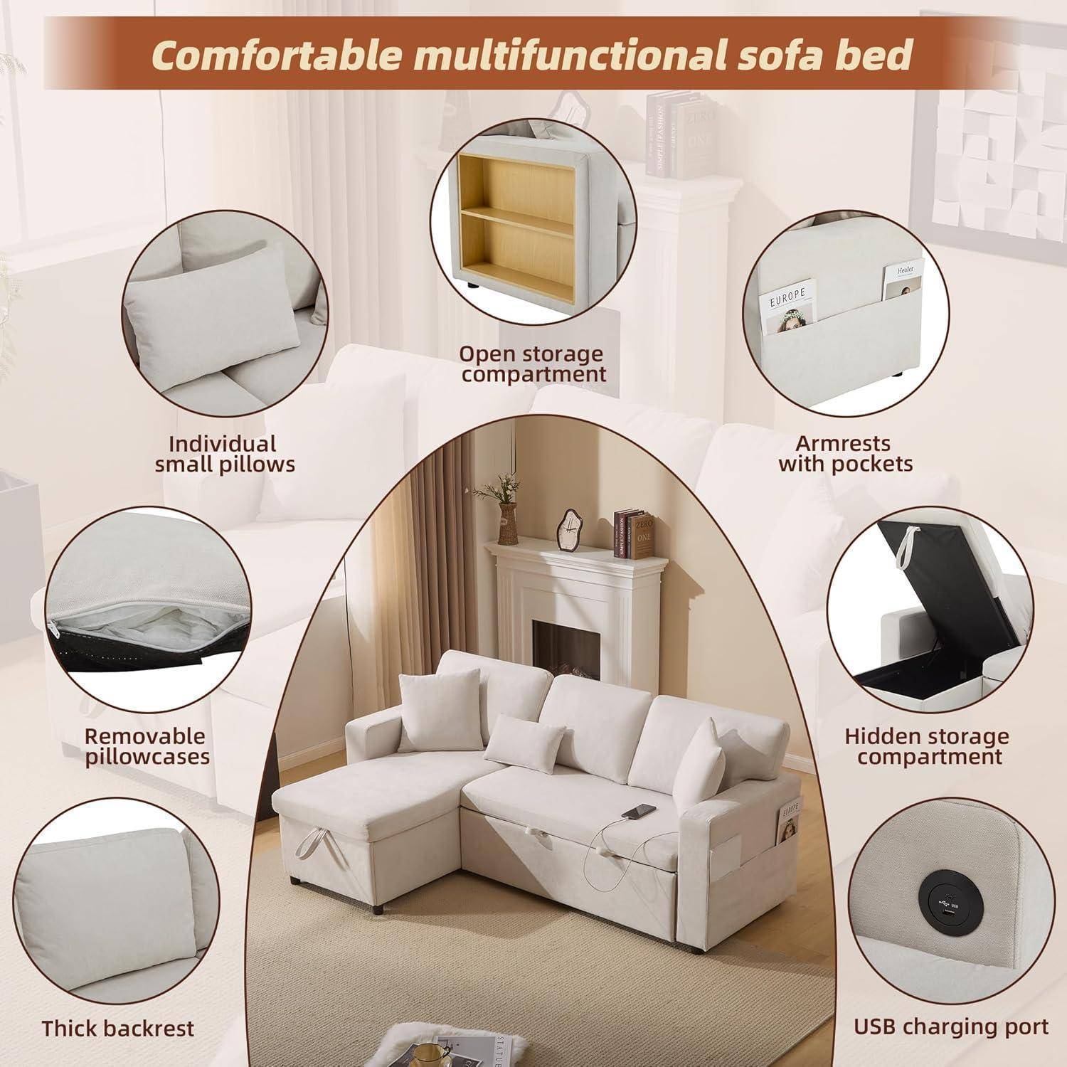 Sofa L Form Mit Schlaffunktion Und USB-Anschluss, Ecksofa Polstersofa Mit Stauraum Bettkasten, Flanell (Weiß)