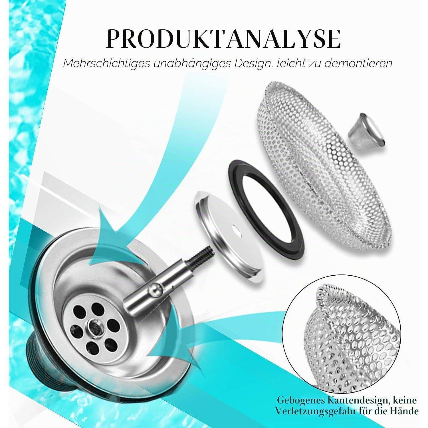 Explosionszeichnung eines Edelstahlspülbeckensieb mit geschichteten Teilen und Kantenbogenentwurf, gekennzeichnet mit 'PRODUKTANALYSE' und 'Mehrschichtiges unabhängiges Design, leicht zu demontieren'.