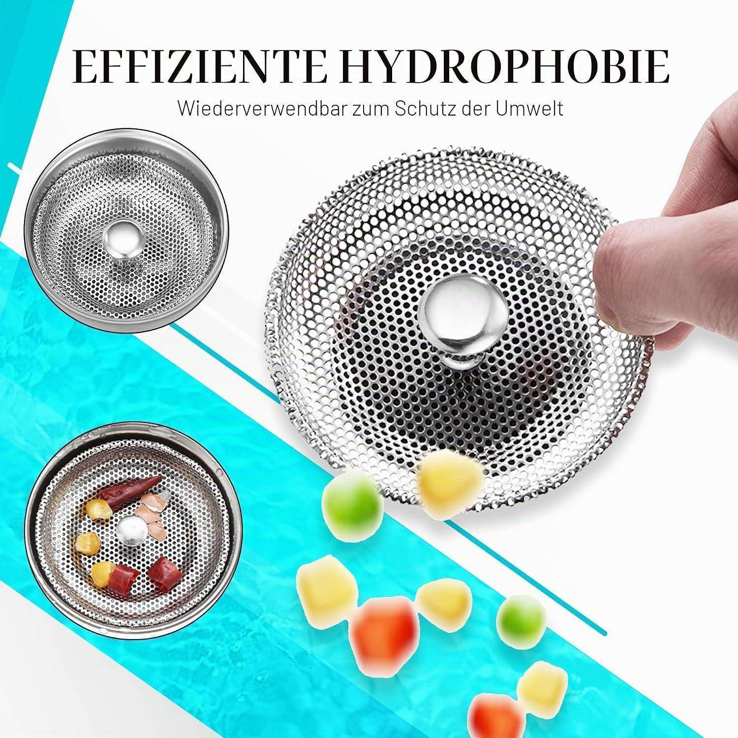 # Anzeige für einen wiederverwendbaren hydrophoben Metallküchensieb, der Wasser abweist und Essensreste auffängt, mit deutschem Text „Effiziente Hydrophobie