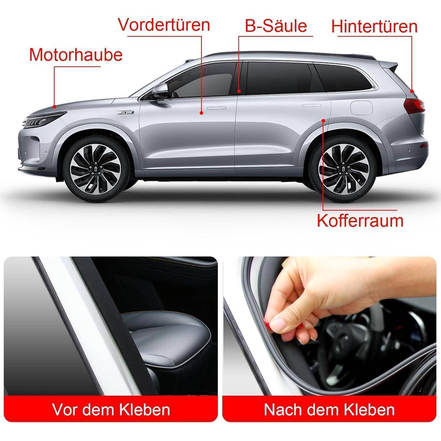 Diagramm eines Autos mit deutschen Beschriftungen der wichtigsten Karosseriebereiche: Motorhaube, vordere Türen, B-Säule, hintere Türen und Kofferraum; untere Fotos zeigen vorher und nachher beim Anbringen eines Dichtungsstreifens am Türrahmen.