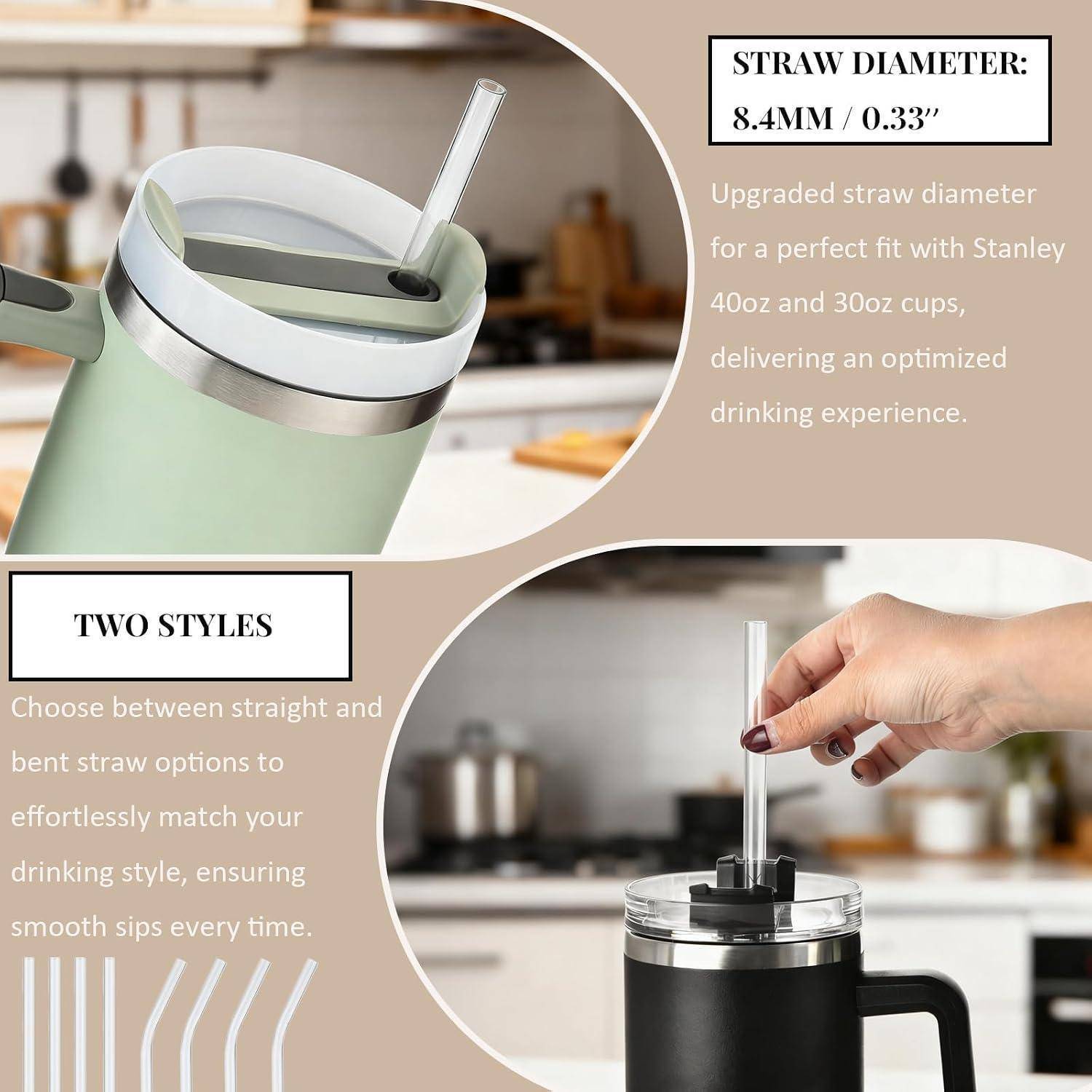 Produktgrafik, die ein Trinkhalm-Zubehör für Stanley-Becher mit 40oz und 30oz Fassungsvermögen zeigt, mit geraden und gebogenen Ausführungen und einem Strohhalmdurchmesser von 8,4 mm (0,33").