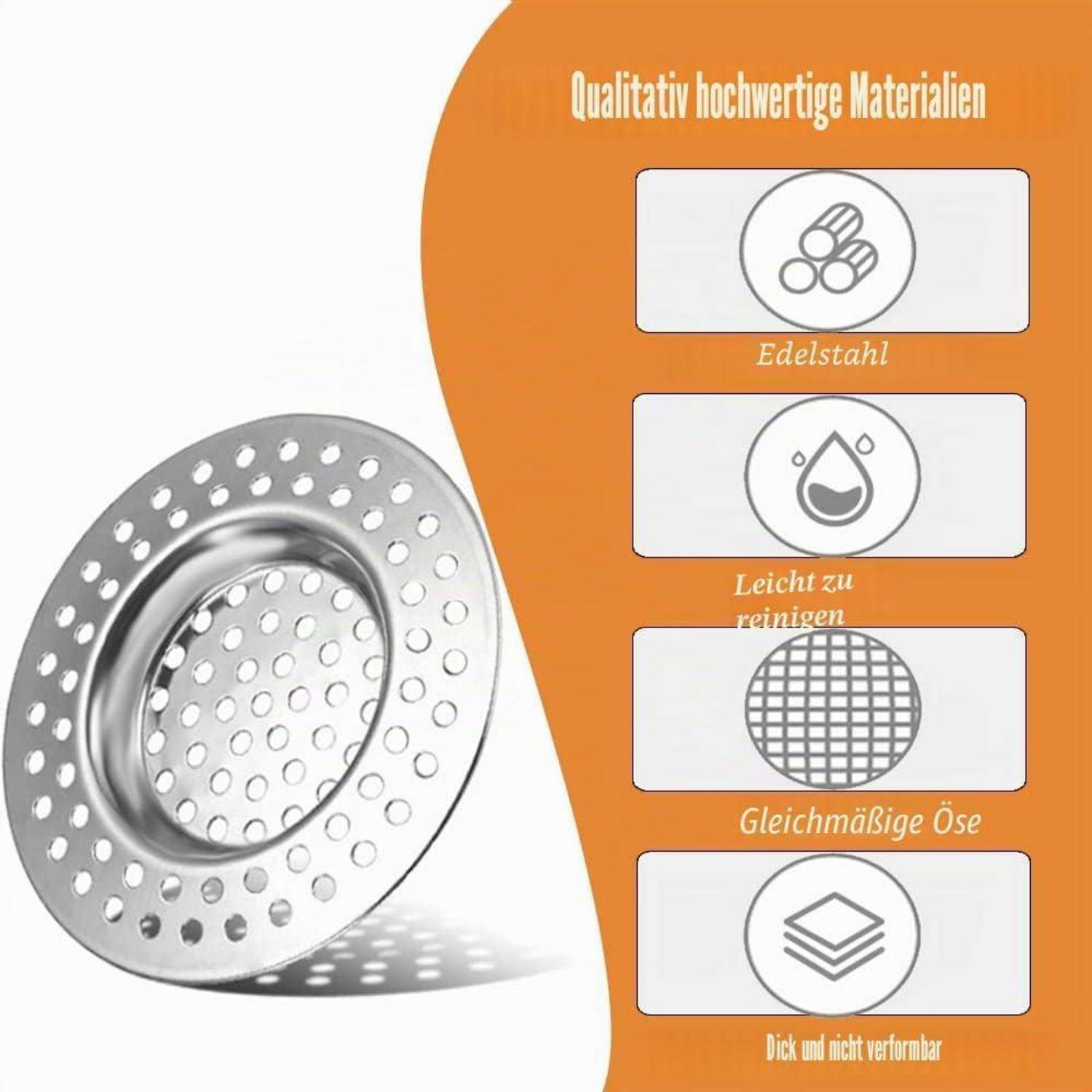 Infografik eines Edelstahlgitter-Ablauffilters mit Hervorhebung von hochwertigen Materialien, einfacher Reinigung, gleichmäßiger Perforation und robuster verformungsresistenter Konstruktion.