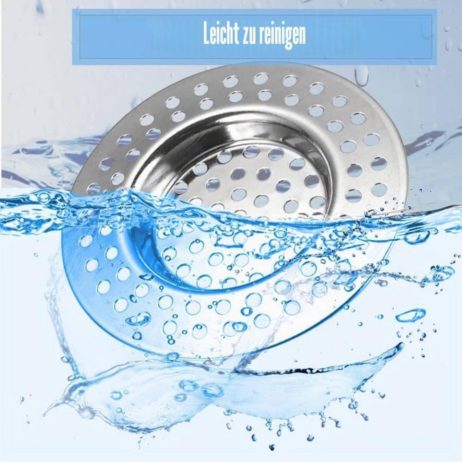 Edelstahlspülbeckensieb wird mit spritzendem Wasser gezeigt und der deutsche Text „Leicht zu reinigen