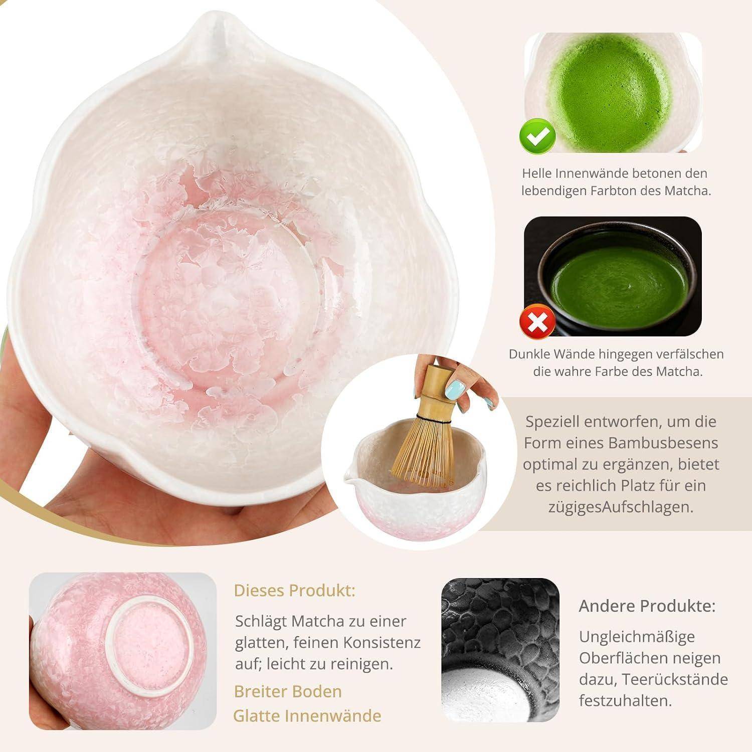 Infografik zum Vergleich einer Matcha-Schüssel mit einem Bamboo-Besen, die ihren breiten Boden und das glatte, helle Innere für bessere Farbgebung, einfachere Reinigung und schnelleres Aufschäumen zeigt.