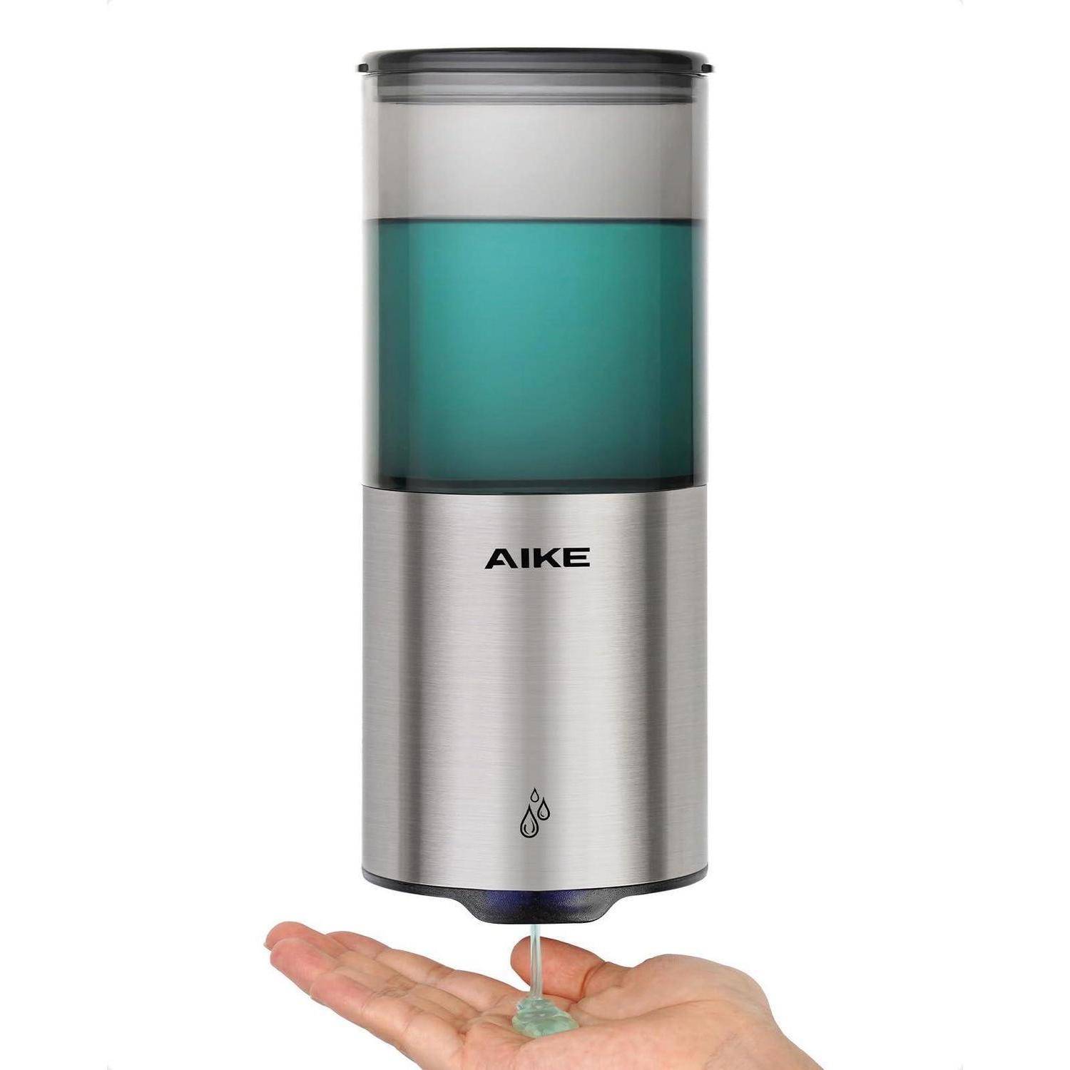 Hände unter einem automatischen AIKE-Seifenspender, der Flüssigseife in die Handfläche einer Person abgibt.