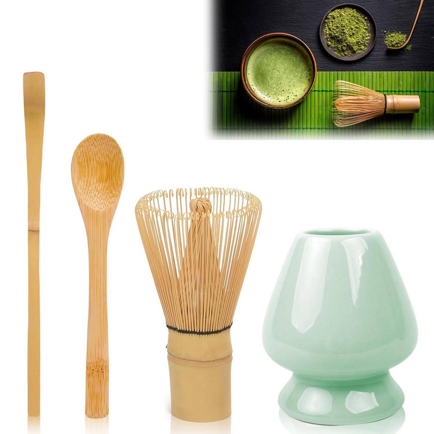 Bambus-Matcha-Teeset: Schneebesen, Löffel, Teelöffel und hellgrüne Keramikschale, mit einer kleinen Einfügung, die zubereiteten Matcha und Pulver zeigt.