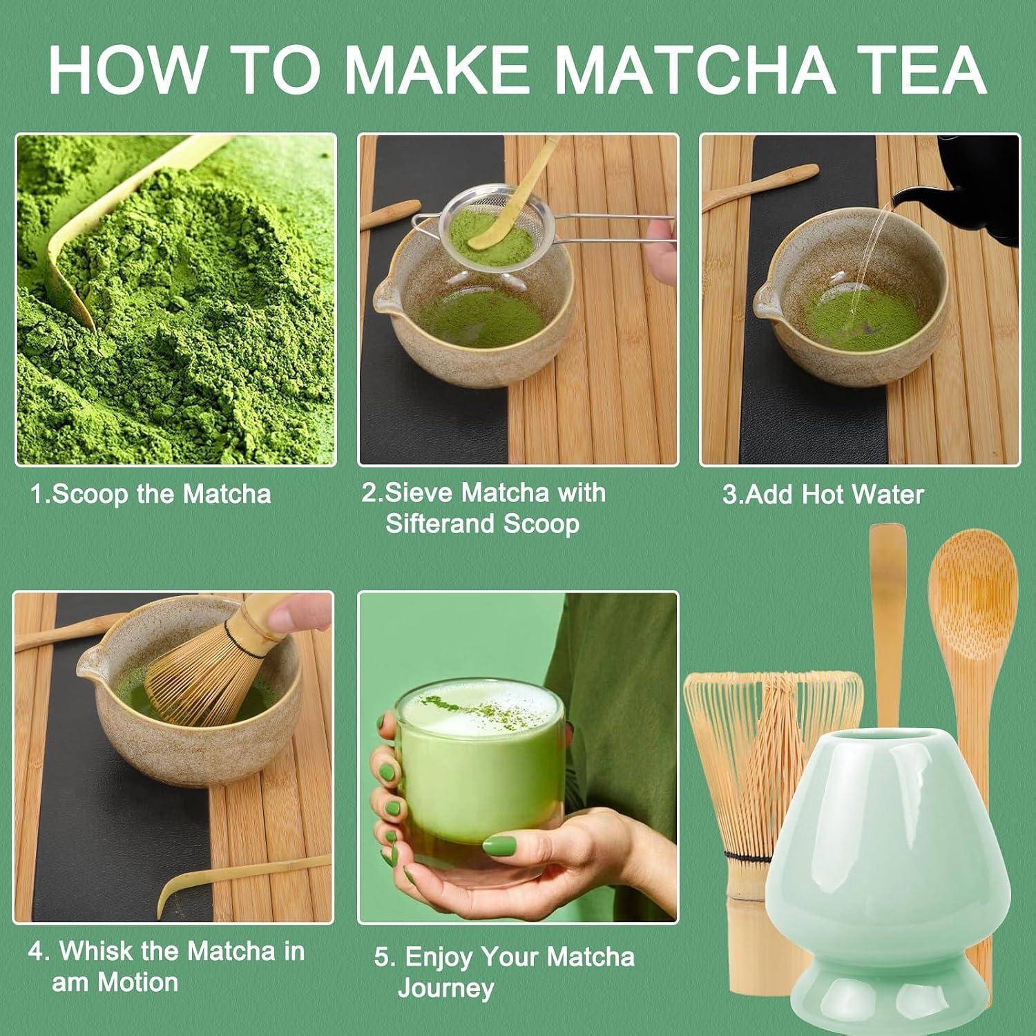 Infografik mit 5 Schritten zur Herstellung von Matcha-Tee: Pulver portionieren, in eine Schüssel sieben, heißes Wasser hinzufügen, aufschlagen, dann aus einer schaumigen grünen Tasse trinken.