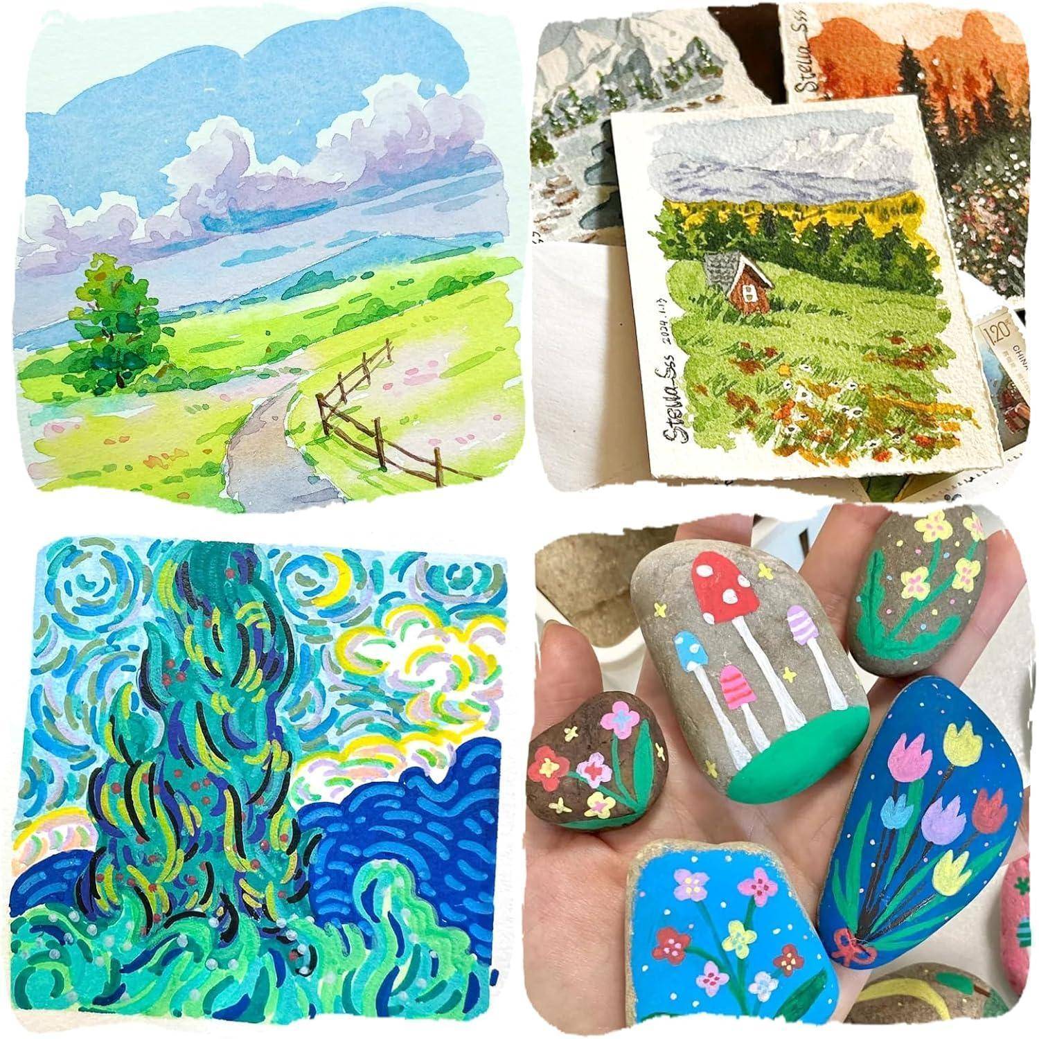 Collage aus Aquarelllandschaften und bemalten Steinen, einschließlich eines gewundenen Pfades durch Hügel, einer kleinen Hütte auf einem Feld, eines abstrakten blaugrünen Baumes und farbenfroher Blumen- und Pilz-Steinkunst.