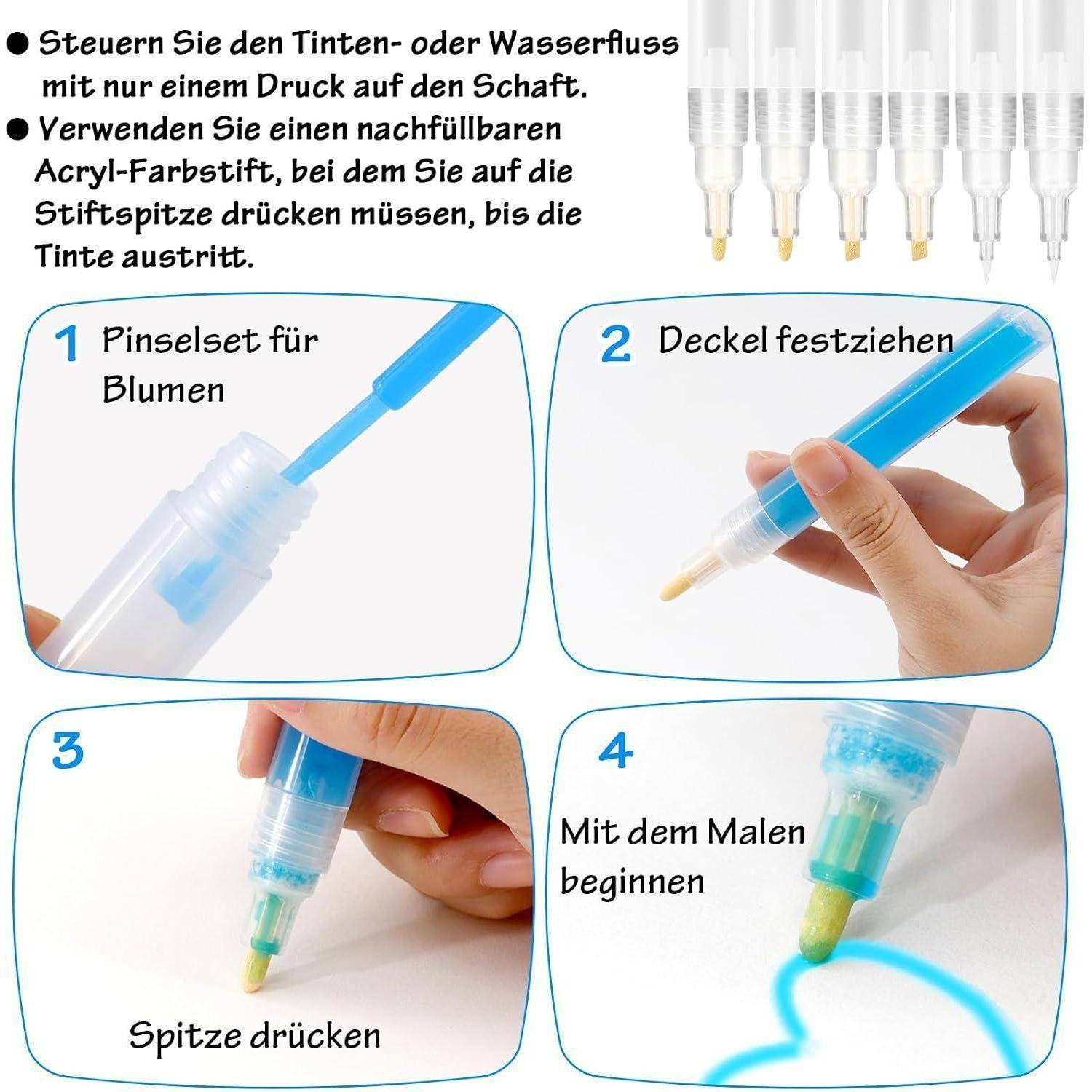 Drücken Sie die Spitze, um die Tinte freizugeben, befestigen Sie die Kappe und beginnen Sie zu malen.