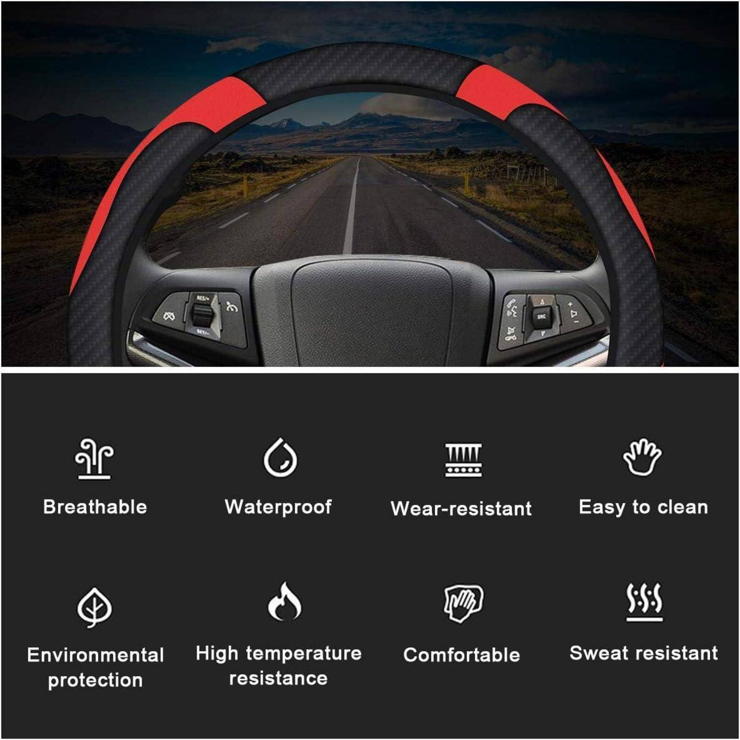 Autolenkradabdeckung im Einsatz auf einer Straße, mit Feature-Symbolen darunter, die atmungsaktiv, wasserdicht, verschleißfest, leicht zu reinigen, umweltfreundlich, hitzebeständig, komfortabel und schweißresistent zeigen.