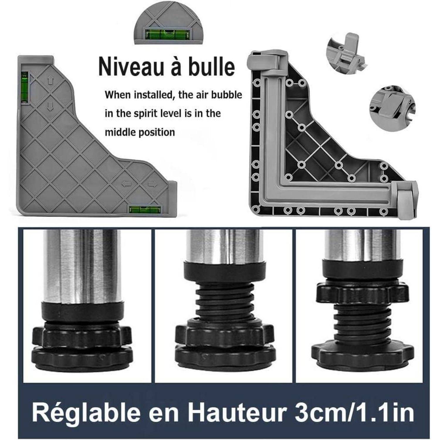 Produktbild zeigt einen verstellbaren Nivellierfuß mit integrierter Libelle; der Text besagt, dass die Blase bei der Installation zentriert sein sollte und die Höhe auf 3 cm/1,1 Zoll verstellbar ist.