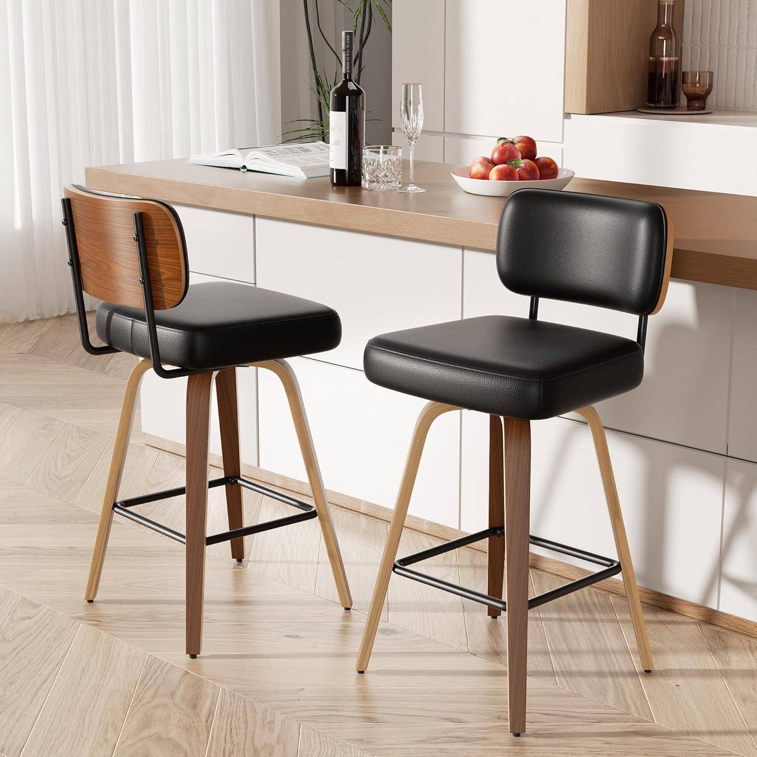Drehbarer Barhocker 2er Set mit Rückenlehne, 65cm Sitzhöhe PU-Leder & Massivholz, Mid-Century-Design mit 4 Beinen und Fußstütze, Barstühle für K