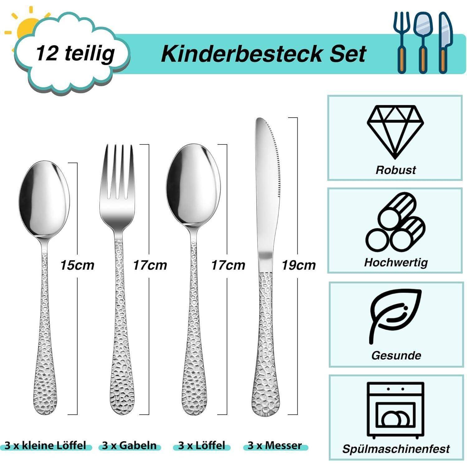 Illustration eines 12-teiligen Bestecksatzes aus Edelstahl: 3 kleine Löffel, 3 Gabel, 3 Löffel, 3 Messer, mit gekennzeichneten Längen von 15 cm, 17 cm, 17 cm und 19 cm; Symbole vermerken robust, hochwertig, gesund, spülmaschinenfest.
