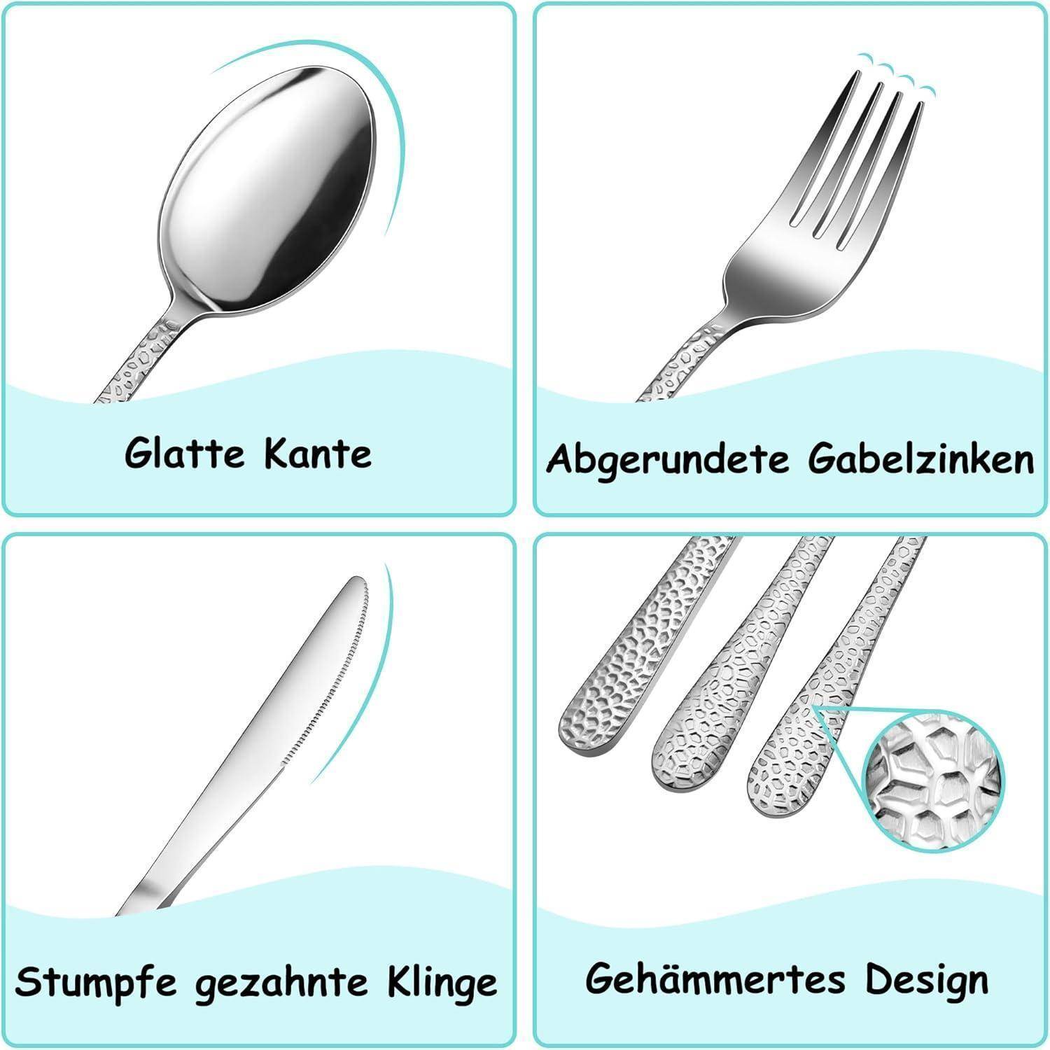 Vierfeldige Grafik mit Bestecksicherheitsmerkmalen: Löffel mit glatter Kante, Gabel mit abgerundeten Zinken, Messer mit stumpfer Sägeblattschneide und Griffe mit strukturierter Hammerschlag-Oberflä.