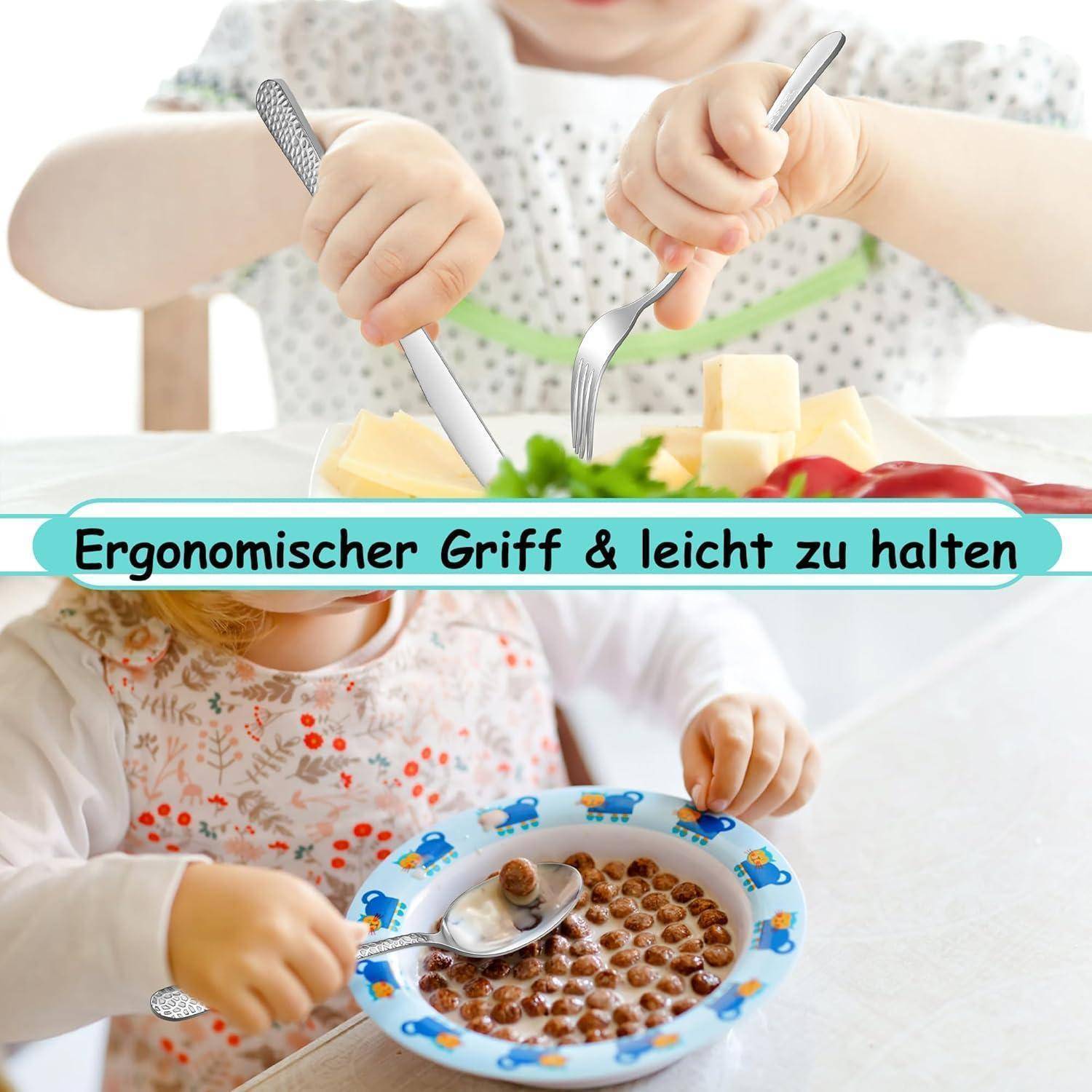 Zwei Kleinkinder essen selbstständig mit kinderfreundlichem Besteck und Tellern; Text sagt „Ergonomischer Griff & leicht zu halten" (ergonomischer Griff und leicht zu halten).
