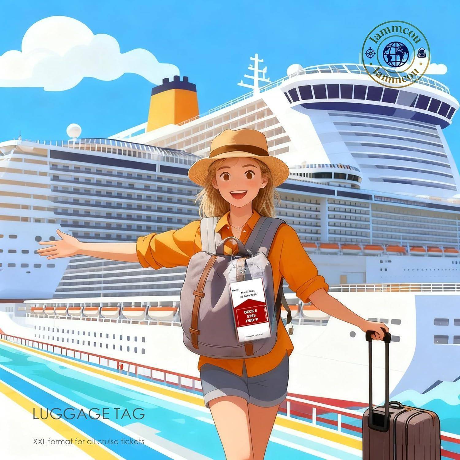 Lächelnder Reisender mit Rucksack und Rollkoffer steht vor einem großen Kreuzfahrtschiff; der Text auf dem Gepäckanhänger lautet "GEPÄCKANHÄNGER"" und ""XXL-Format für Kreuzfahrtscheine"".
