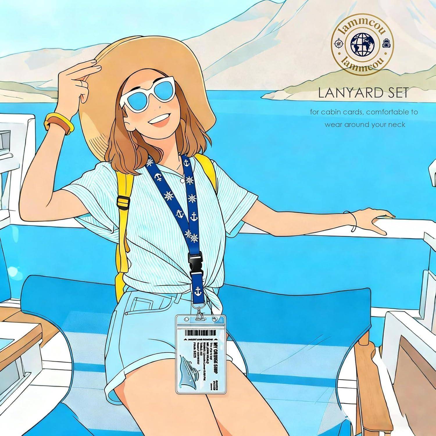 Illustration einer lächelnden Frau auf einem Boot, die einen Strohhut, Sonnenbrille und eine Halsschnur mit Ausweishalter trägt; der Text lautet „LANYARD SET" und „für Kabinenkarten, bequem um den Hals zu tragen"".