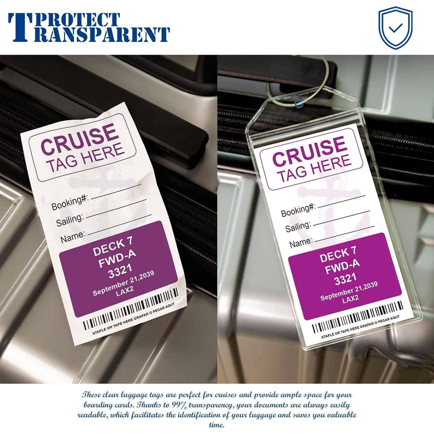 Kreuzfahrt-Gepäckanhänger, die an Koffergriffen hängen, mit gekennzeichneten Feldern für Buchung, Fahrt, Name, Deck und Barcode, vermarktet als transparente Reiseetiketten.