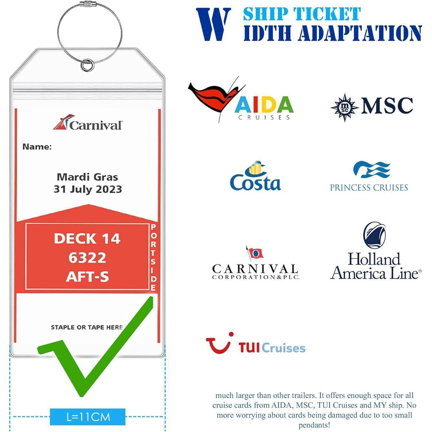 Kreuzfahrtschiff-Ticketinhaber mit großem grünem Häkchen und Logos von Kreuzfahrtunternehmen, überschrieben mit „W SHIP TICKET IDTH ADAPTATION" und zeigt ein Carnival Mardi Gras Ticket.