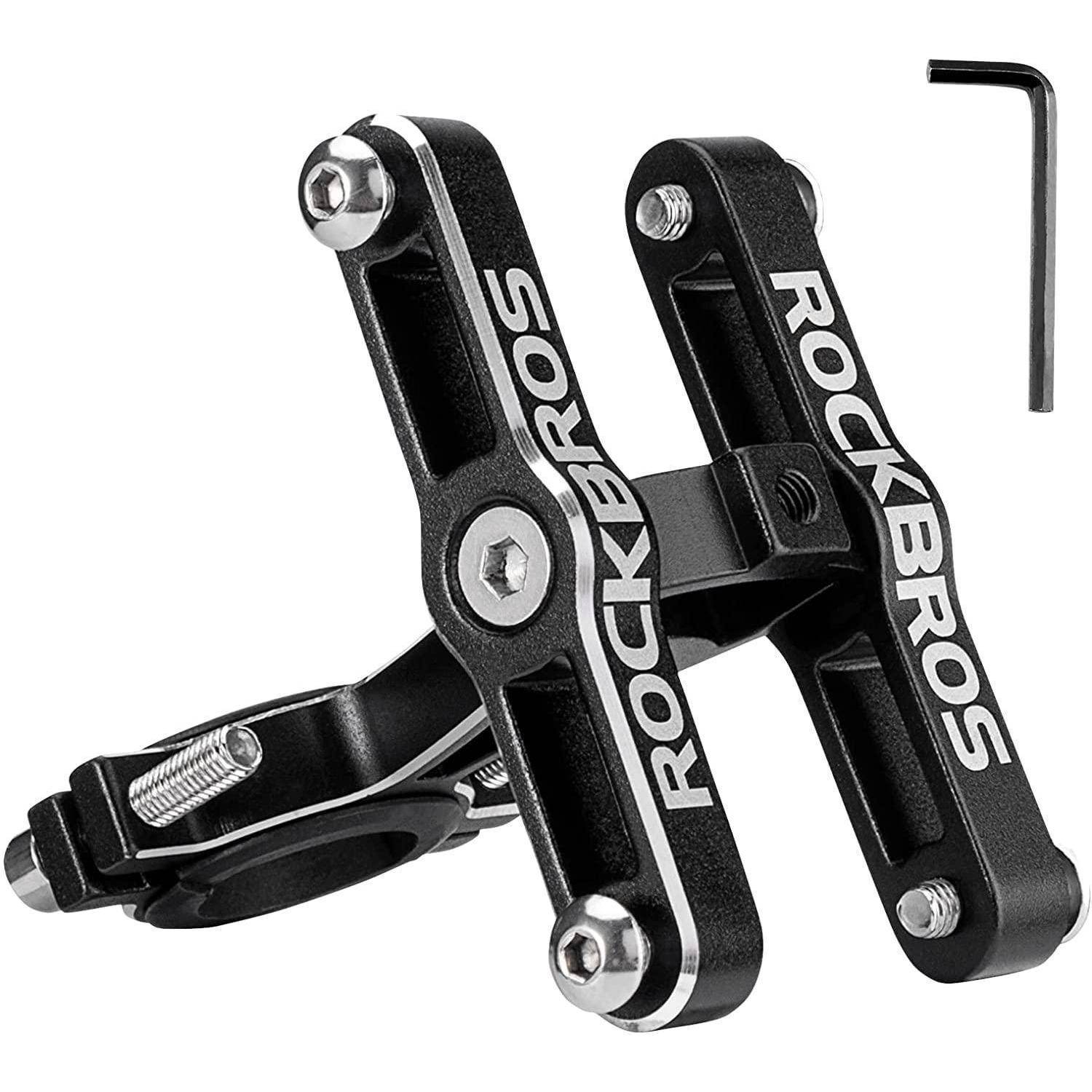 Black RockBros Fahrradbremszange mit Montagezubehör und beiliegendem Inbusschlüssel auf weißem Hintergrund.