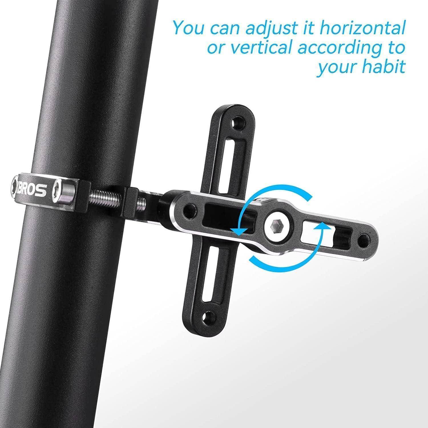 Verstellbare Klemmhalterung an einer Stange mit Pfeilen, die horizontale oder vertikale Rotation zeigen; Text besagt „Sie können sie je nach Gewohnheit horizontal oder vertikal einstellen".