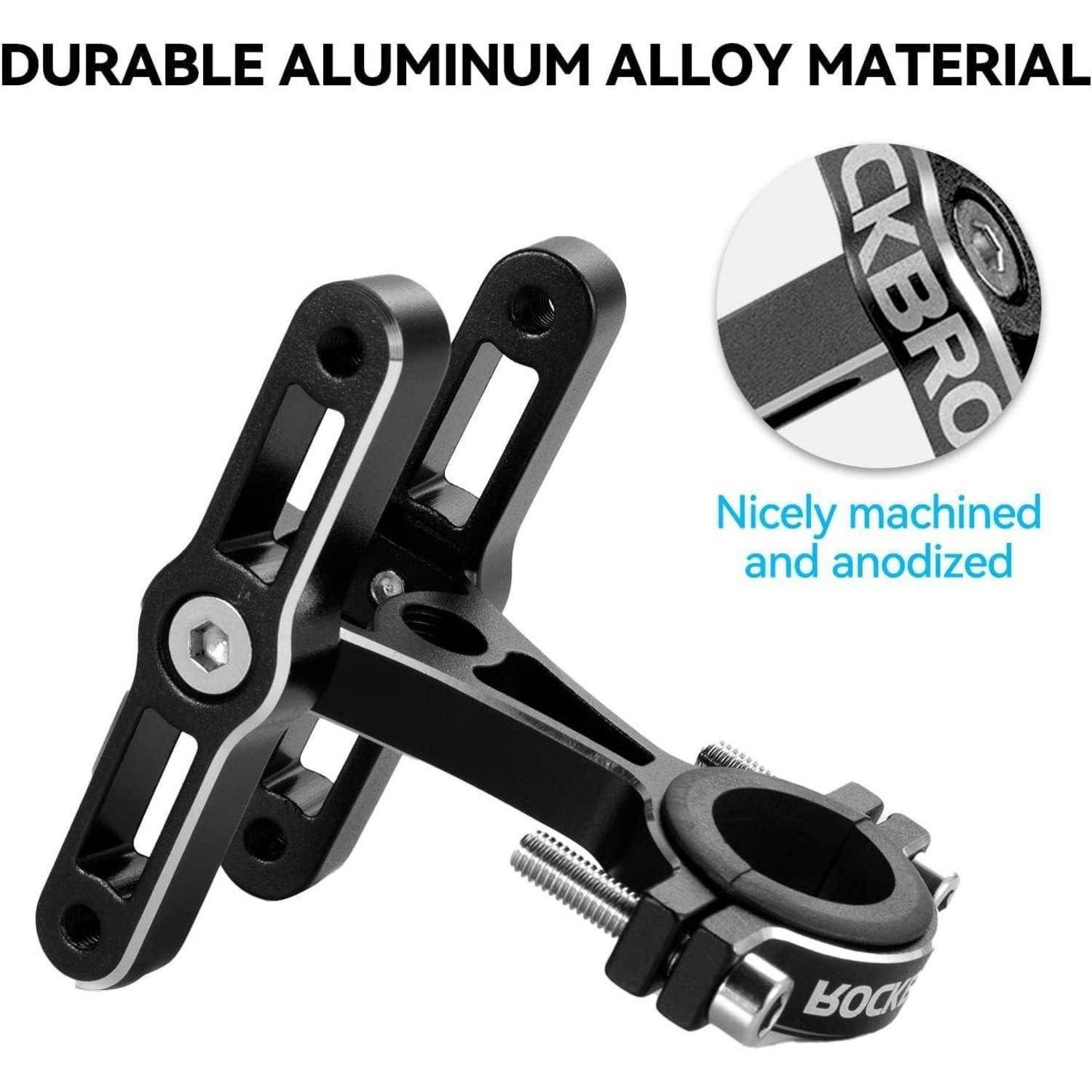 Schwarze Aluminium-Fahrradvorbaulenkerstangenhalterung mit Klemmvorrichtung; Text sagt „LANGLEBIGES ALUMINIUM-LEGIERUNGSMATERIAL" und „Schön bearbeitet und eloxiert"".