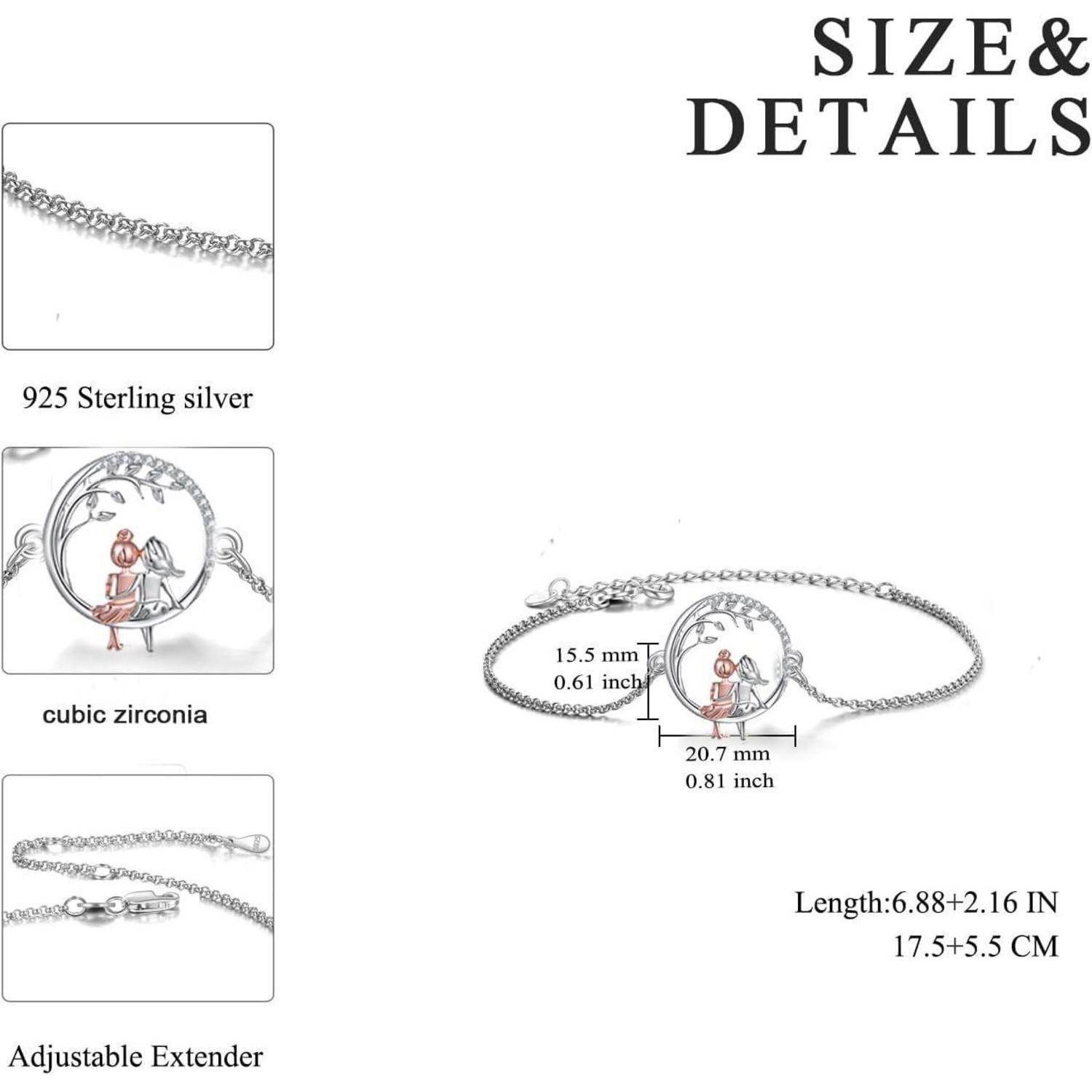 Armband-Größen- und Detaildiagramm mit 925er Sterlingsilber, Zirkonia, verstellbarem Verlängerungsglied und Armband-Abmessungen mit 17,5+5,5 cm Länge.