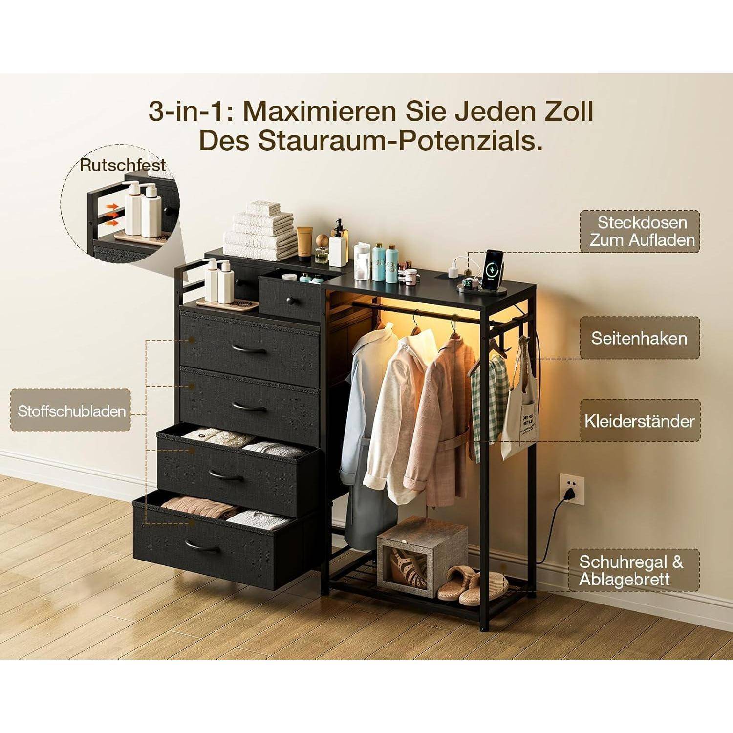 3-in-1 Lagerregal mit Schubladen, Kleiderstange, Regalboden und Schuhregal, gezeigt mit deutschen Beschriftungen für Funktionen wie ausziehbare Schubladen, Seitenhaken und Ladeanschlüsse.