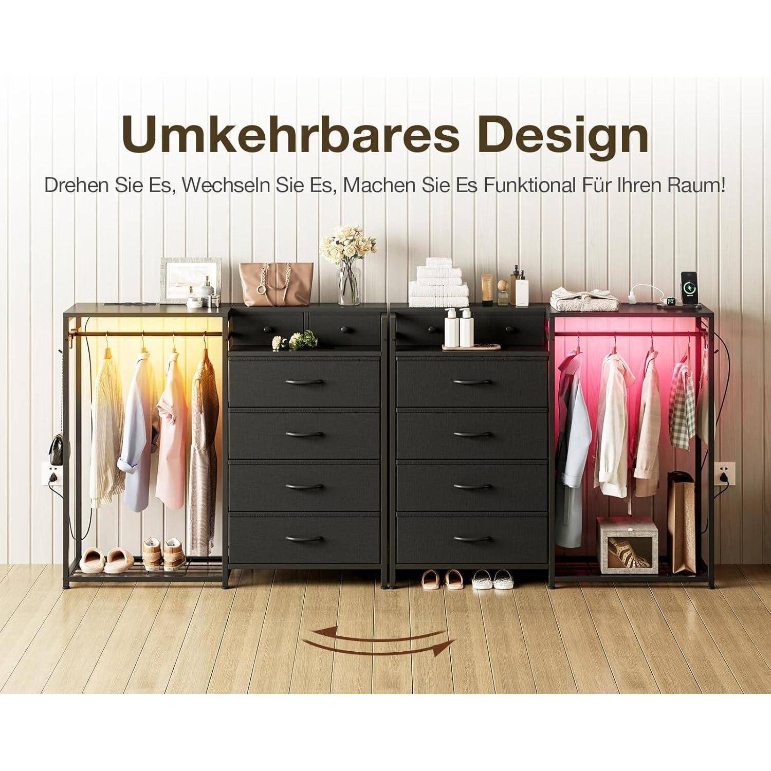Ein anpassbarer modularer Kleiderschrank mit Schubladen und Hängebereichen, von vorne und hinten gezeigt. Der deutsche Text lautet „Umkehrbares Design" und „Drehen Sie es, wechseln Sie es, machen Sie es funktional für Ihren Raum!"