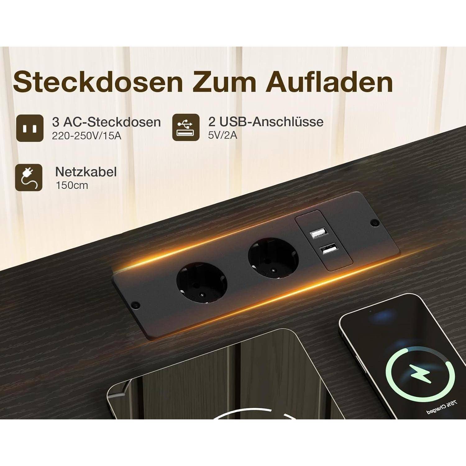 Schreibtisch-Steckerleiste mit 3 AC-Steckdosen, 2 USB-Anschlüssen und 150 cm Stromkabel, dargestellt in eine Schreibtischoberfläche eingebaut mit leuchtender Akzentbeleuchtung.