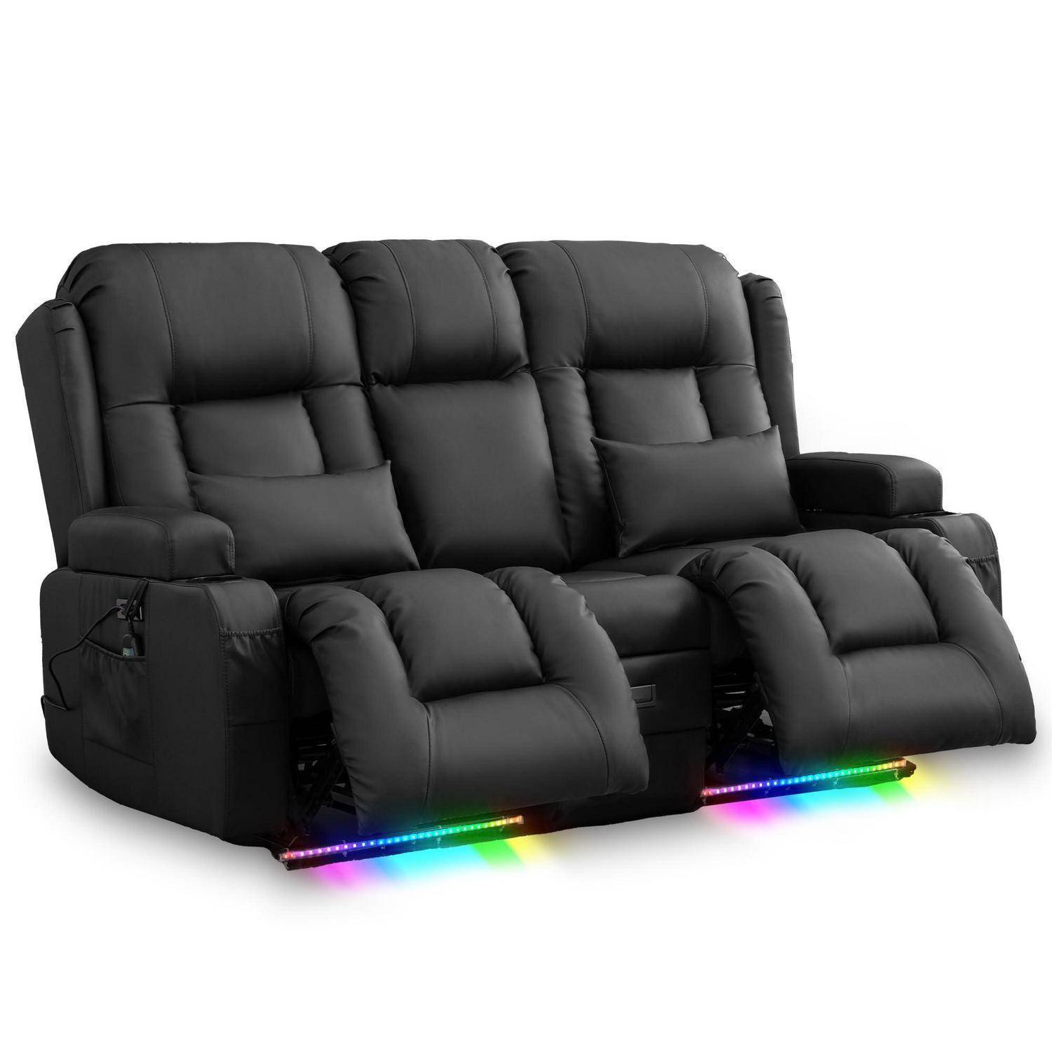 Elektrisch Relaxsessel mit Liegefunktion, Zweisitzer Fernsehsessel mit Konsole TV Sessel Heimkino mit Heizung & Vibrierende Massage/USB & Type