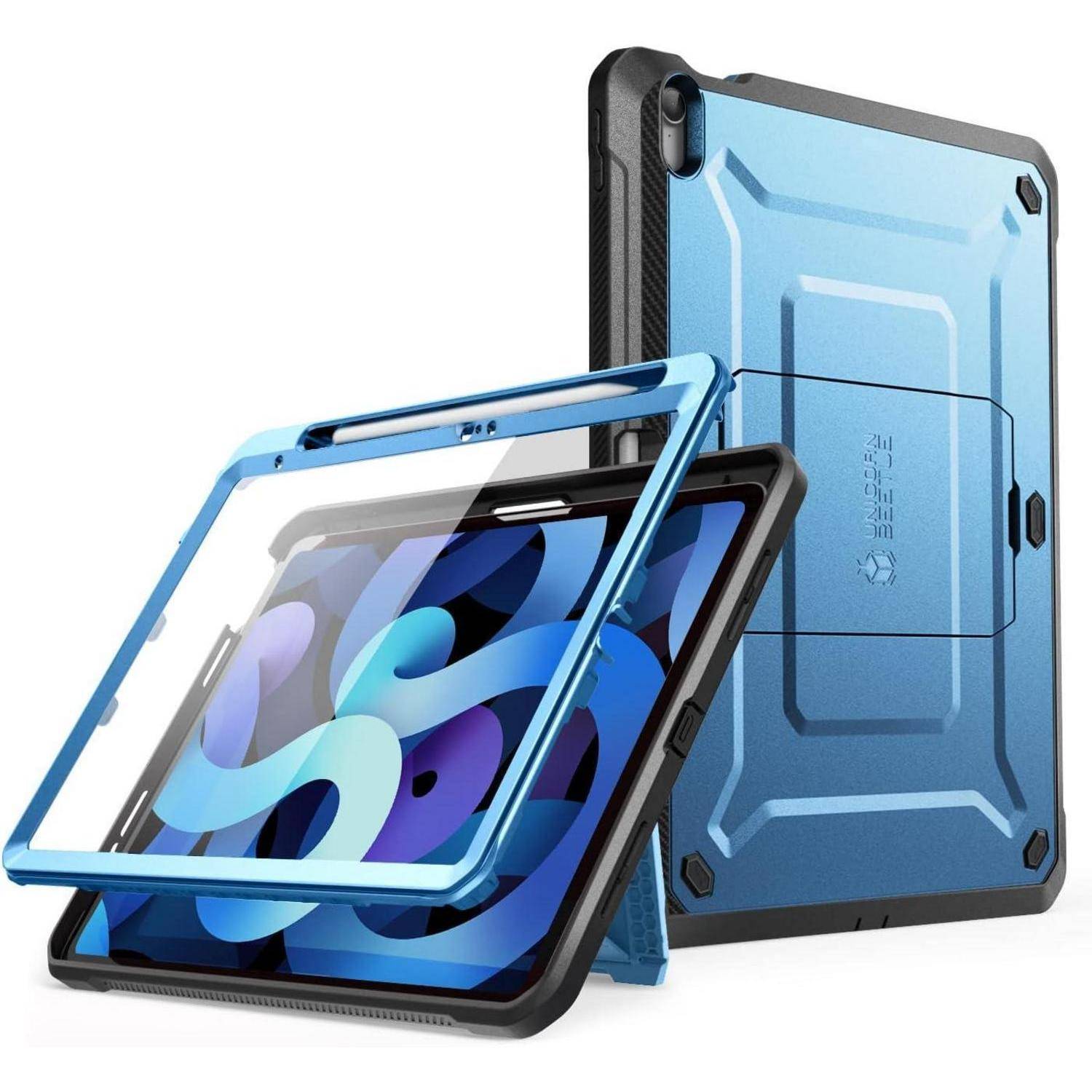 Blauer robuster Tablet-Schutzhülle, gezeigt mit Frontrahmen, Rückdeckel und Ständer, offen um ein Tablet herum angeordnet.