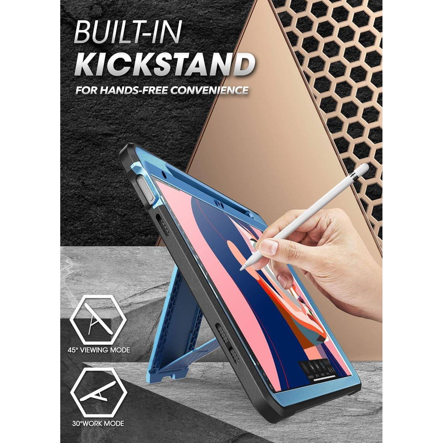 Werbebild einer Tablet-Schutzhülle mit integriertem Ständer, die das Tablet in 45- und 30-Grad-Winkeln für freihändiges Anschauen und Arbeiten hält.